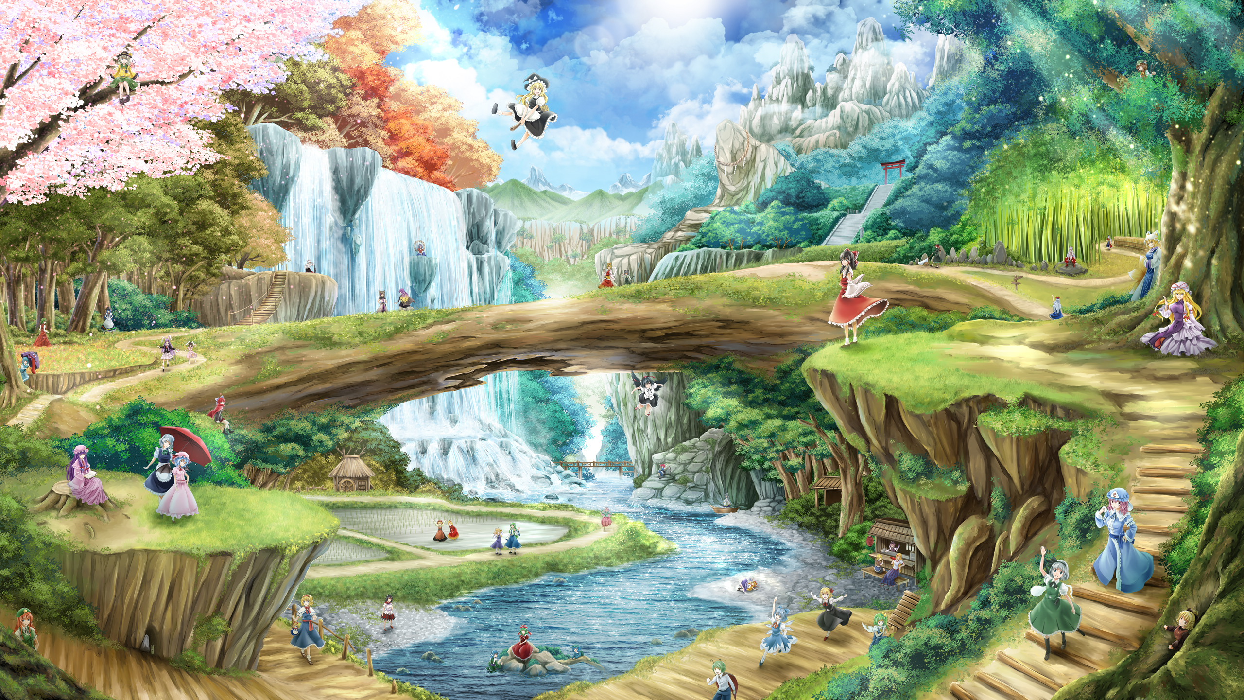 Touhou Project characters in a fantasy landscape HD Wallpaper