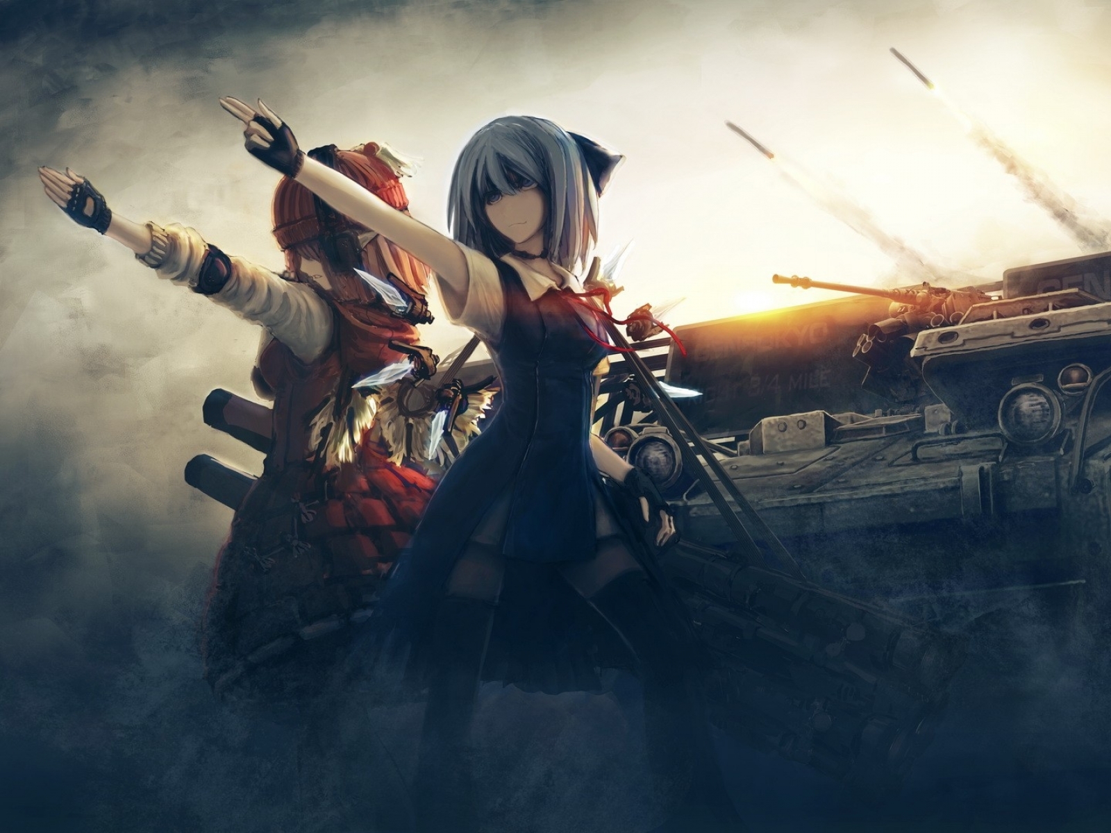 Reimu Hakurei and companion with tanks and missiles HD Wallpaper