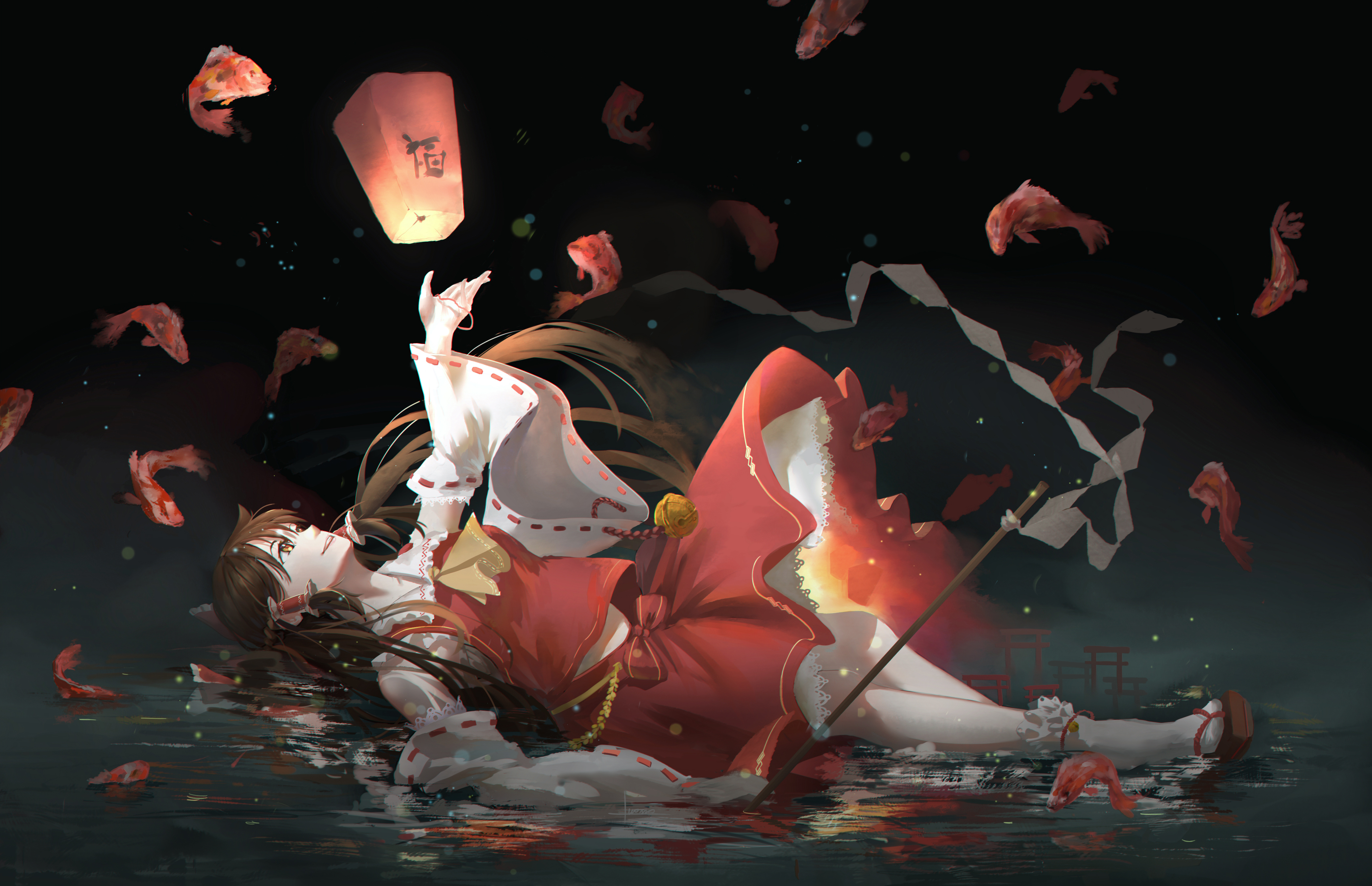 Reimu Hakurei with Koi and Lanterns HD Wallpaper