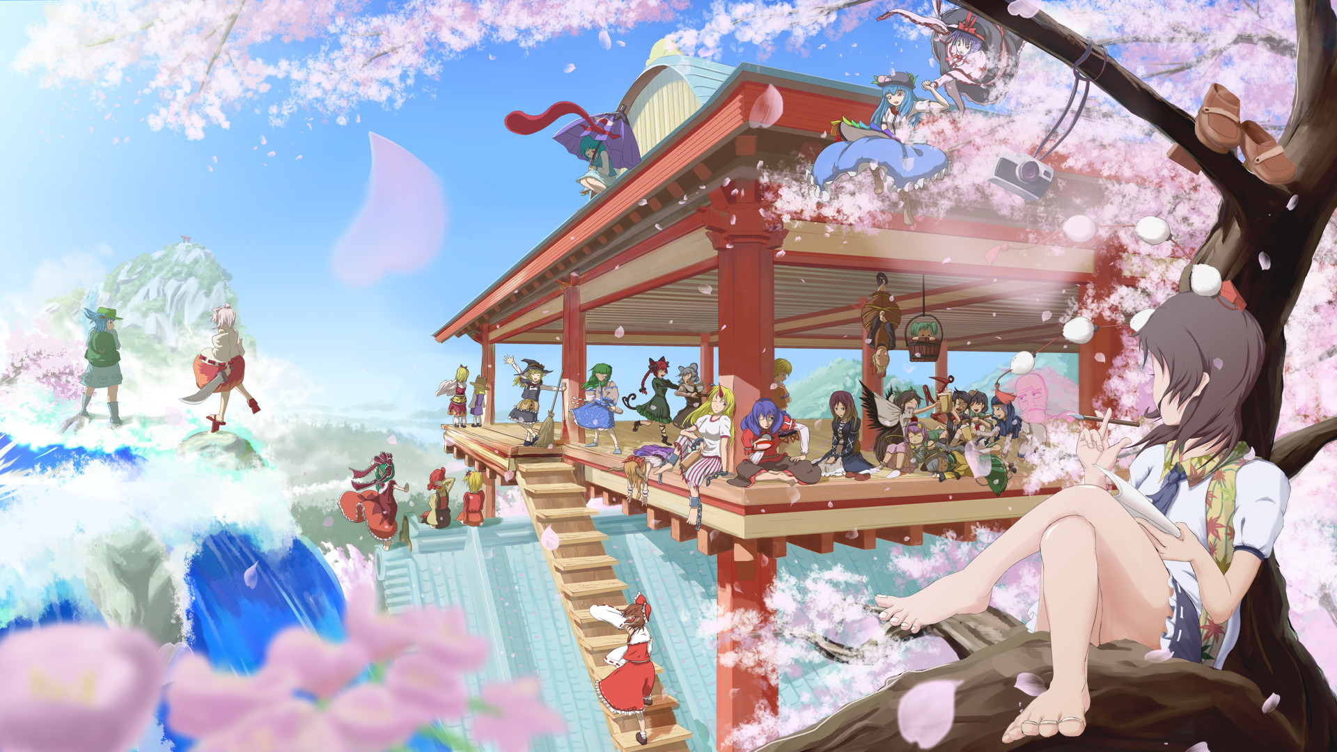 Reimu Hakurei and friends at a shrine during cherry blossom season HD Wallpaper