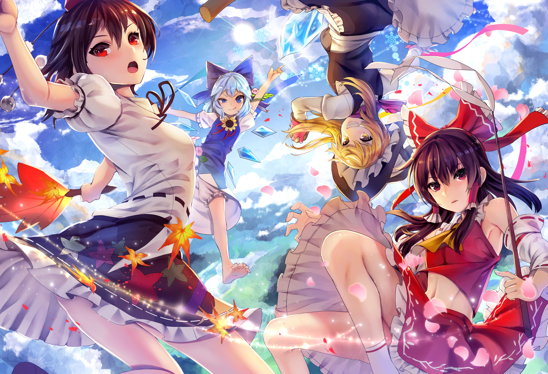 Reimu Hakurei and friends in the sky HD Wallpaper