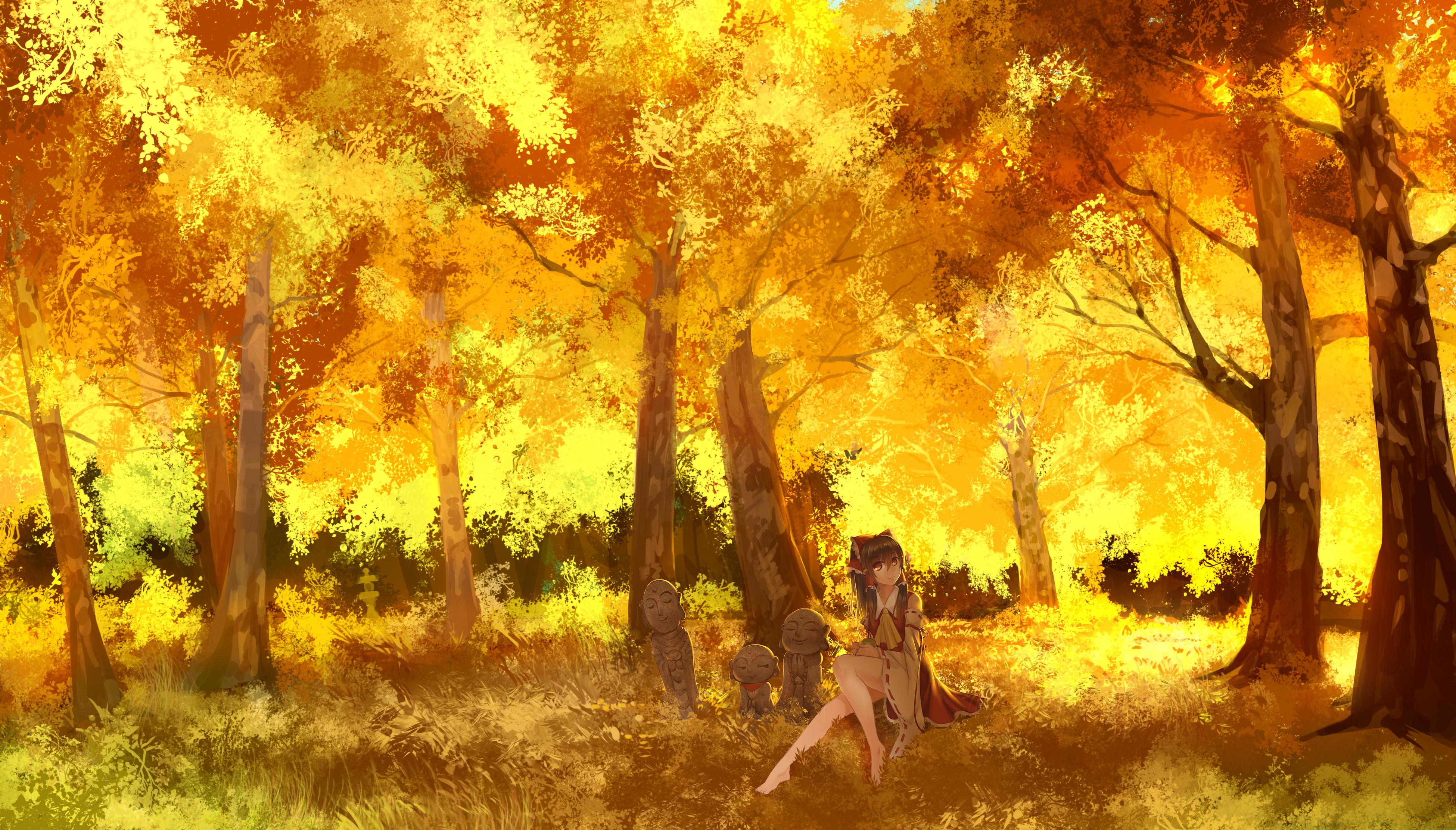 Reimu Hakurei in an autumn forest HD Wallpaper