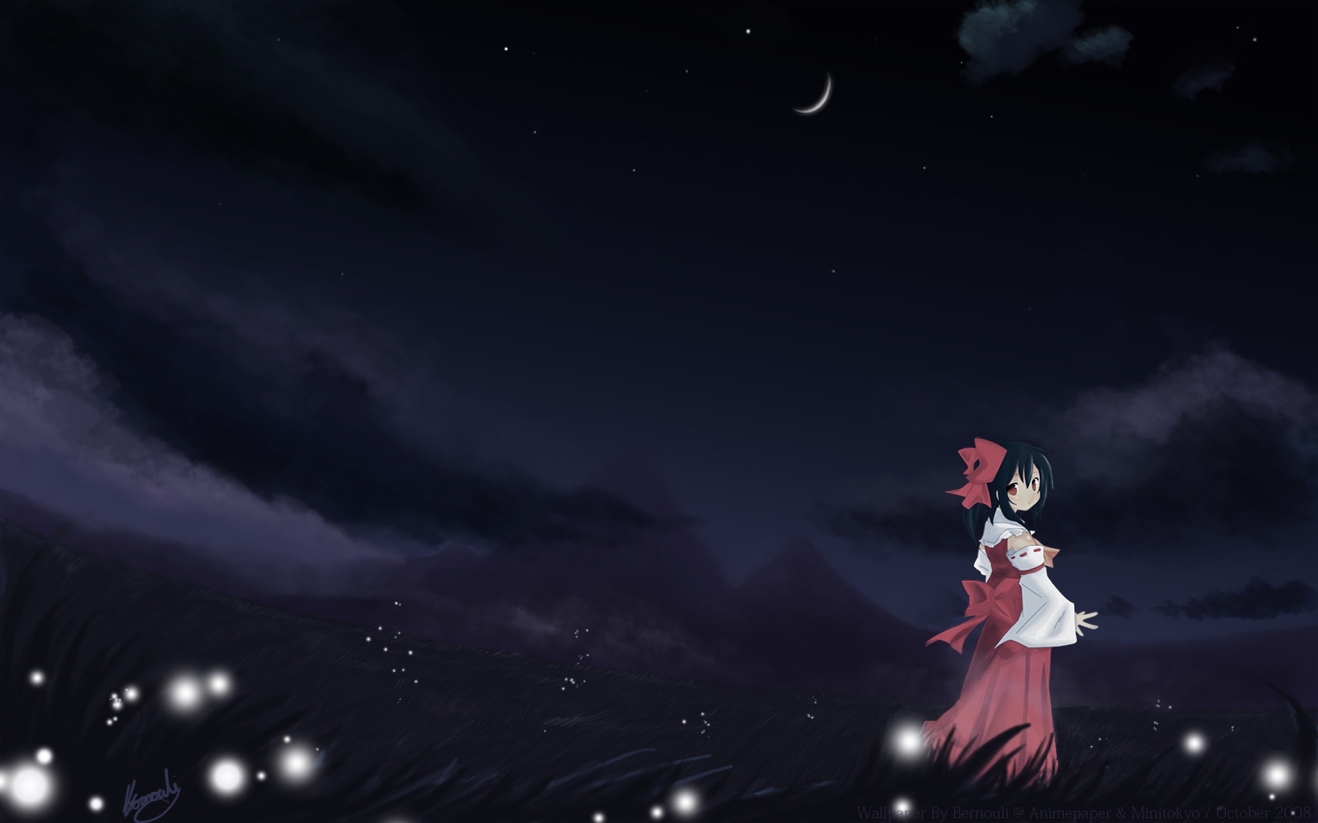 Reimu Hakurei in a moonlit field HD Wallpaper