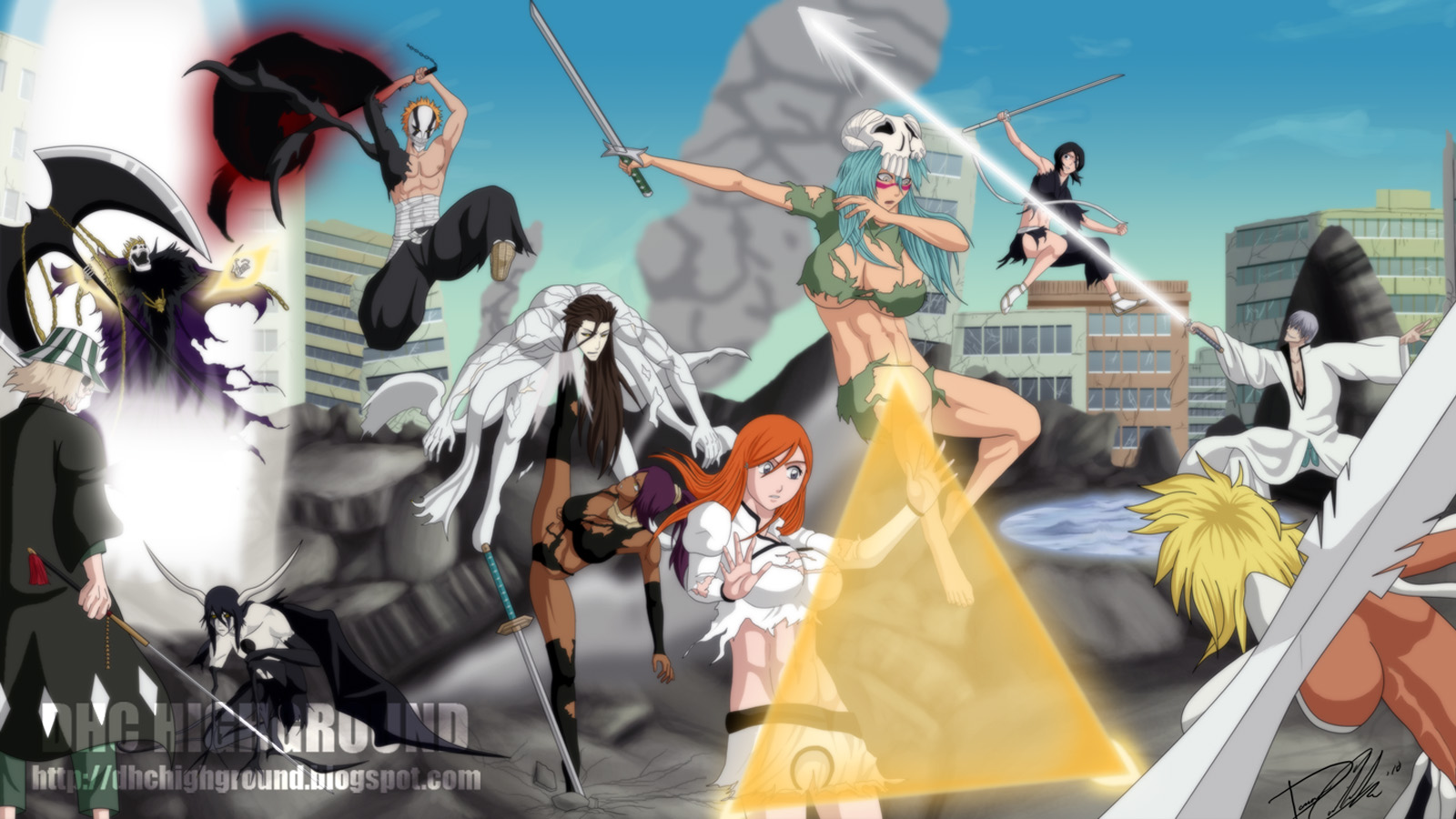 Bleach characters fighting in a city HD Wallpaper