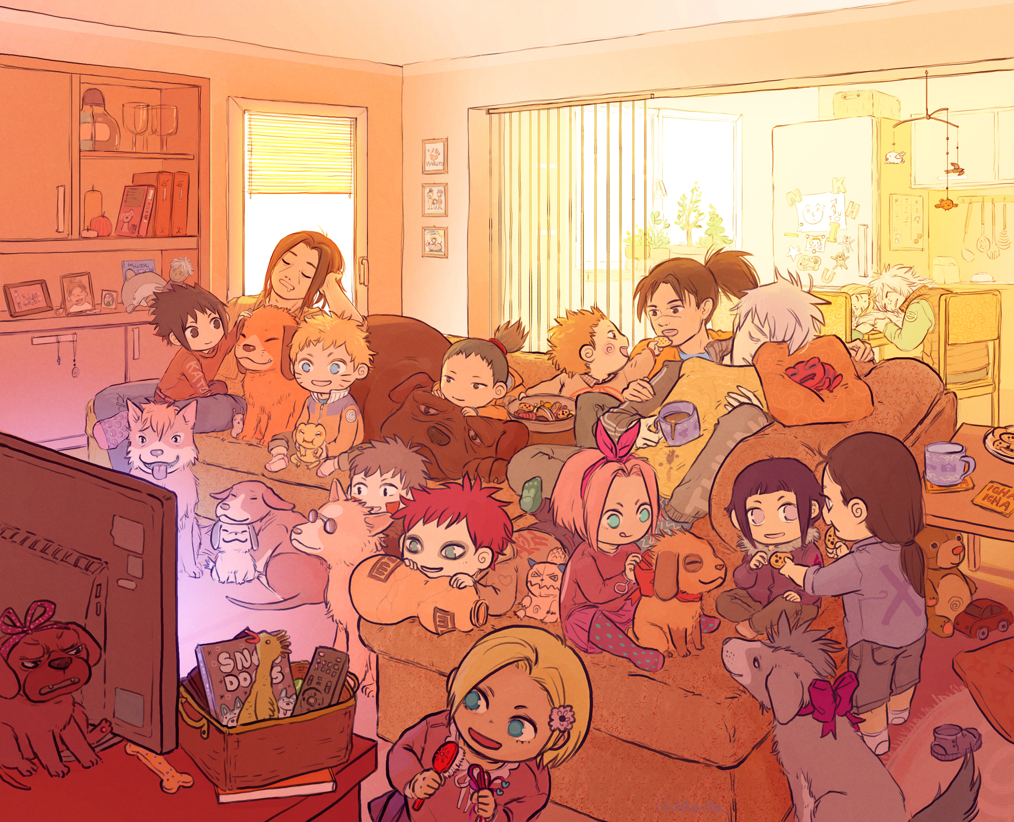 Naruto characters and dogs watching TV HD Wallpaper