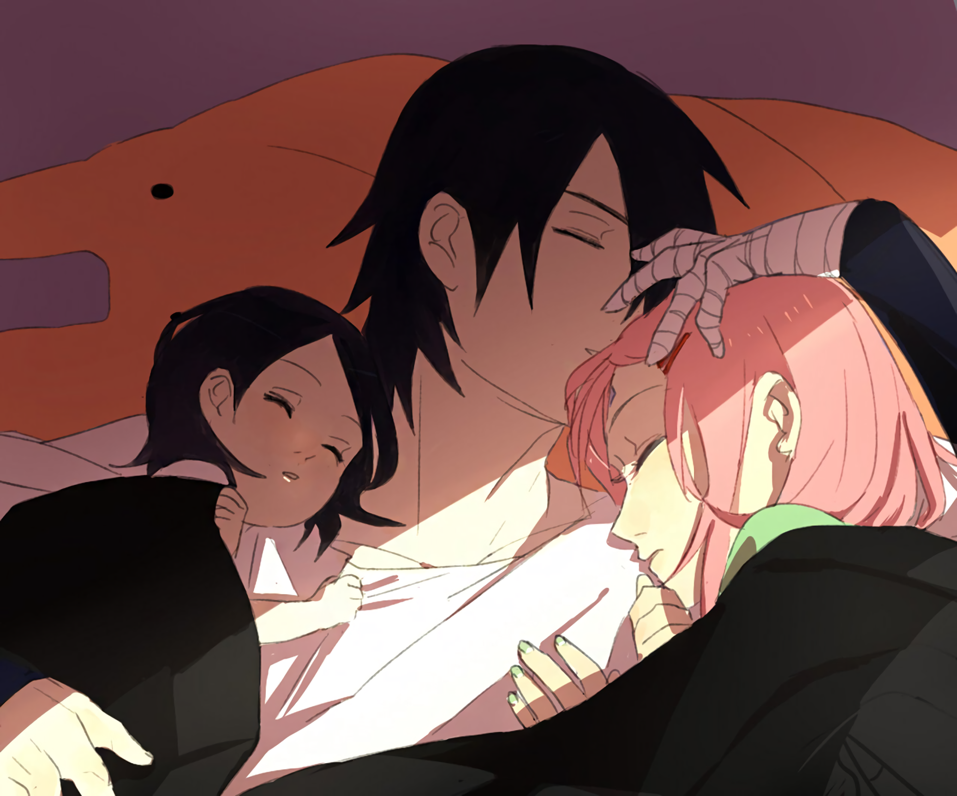 Sakura, Sasuke, and Sarada sleeping HD Wallpaper