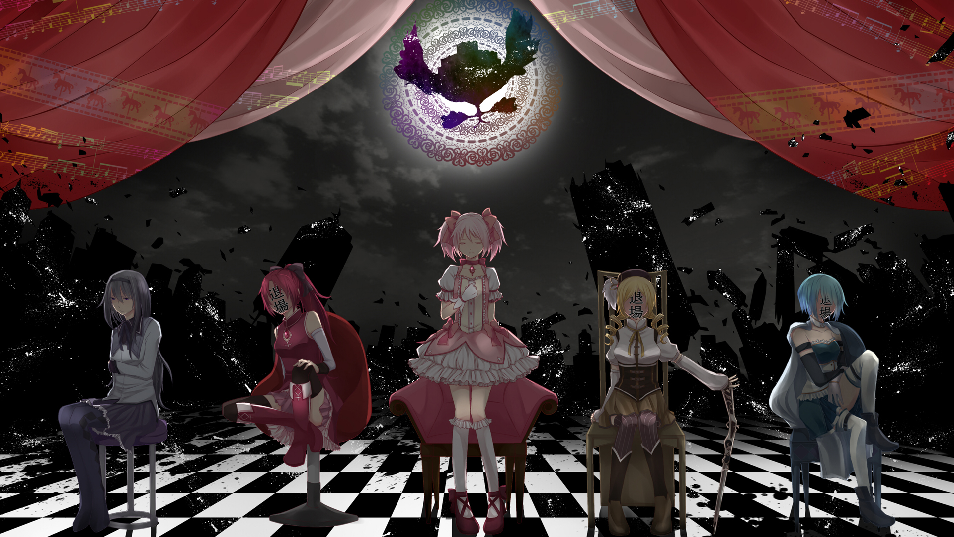 Puella Magi Madoka Magica characters in a dark setting HD Wallpaper