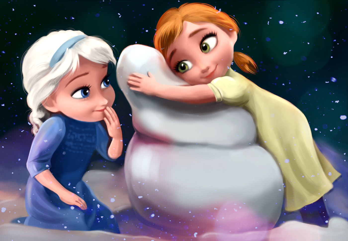 Elsa and Anna from Frozen building a snowman HD Wallpaper