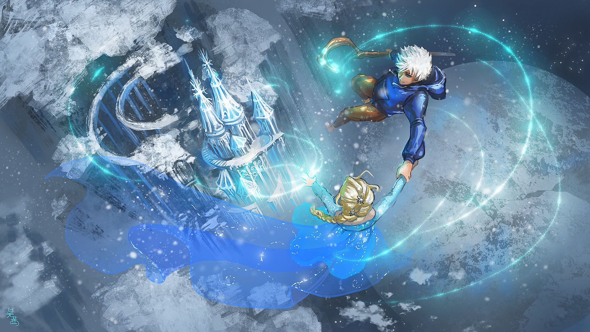 Elsa and Jack Frost with an ice castle HD Wallpaper