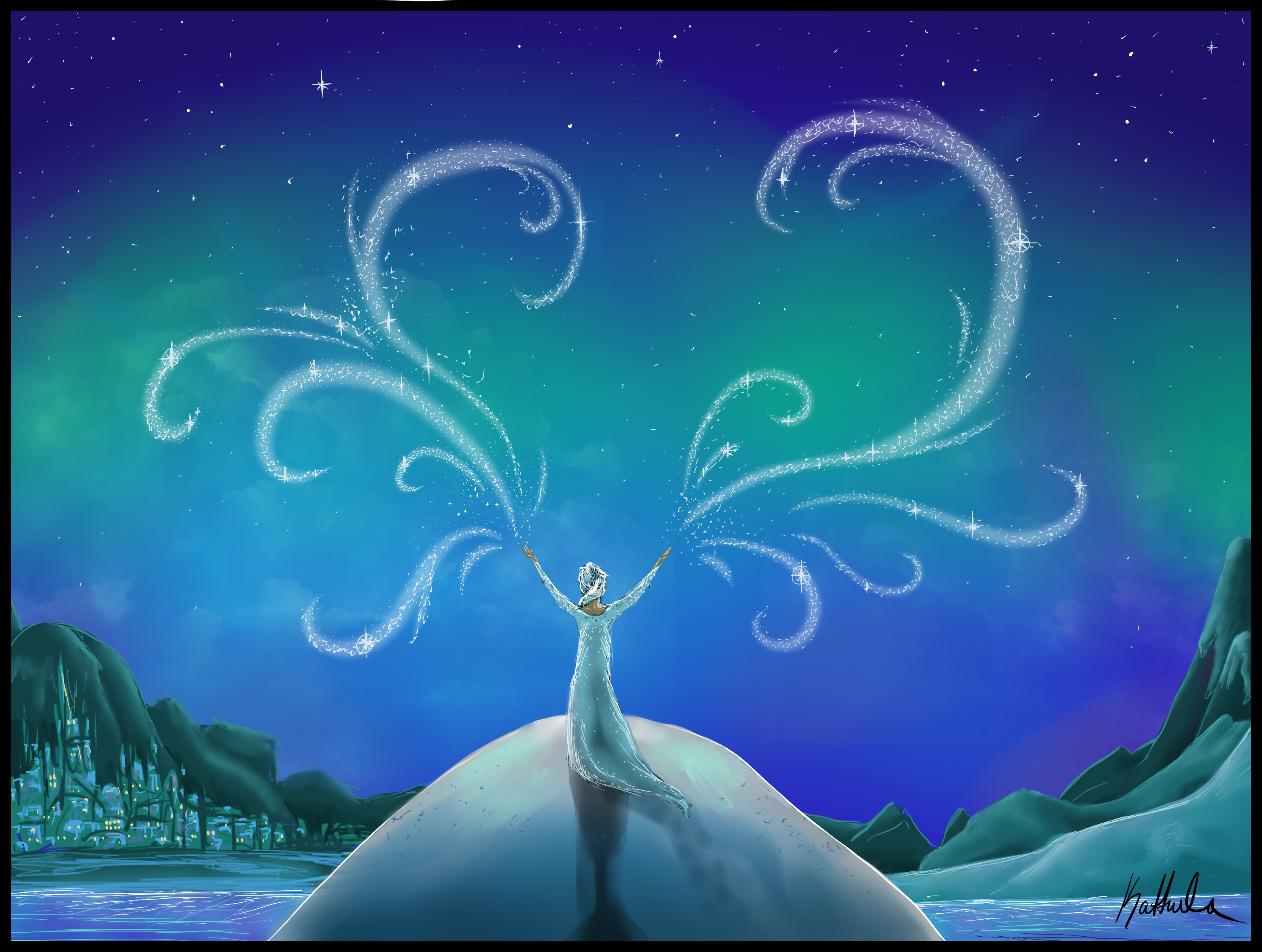 Elsa from Frozen creating ice magic under the aurora borealis HD Wallpaper