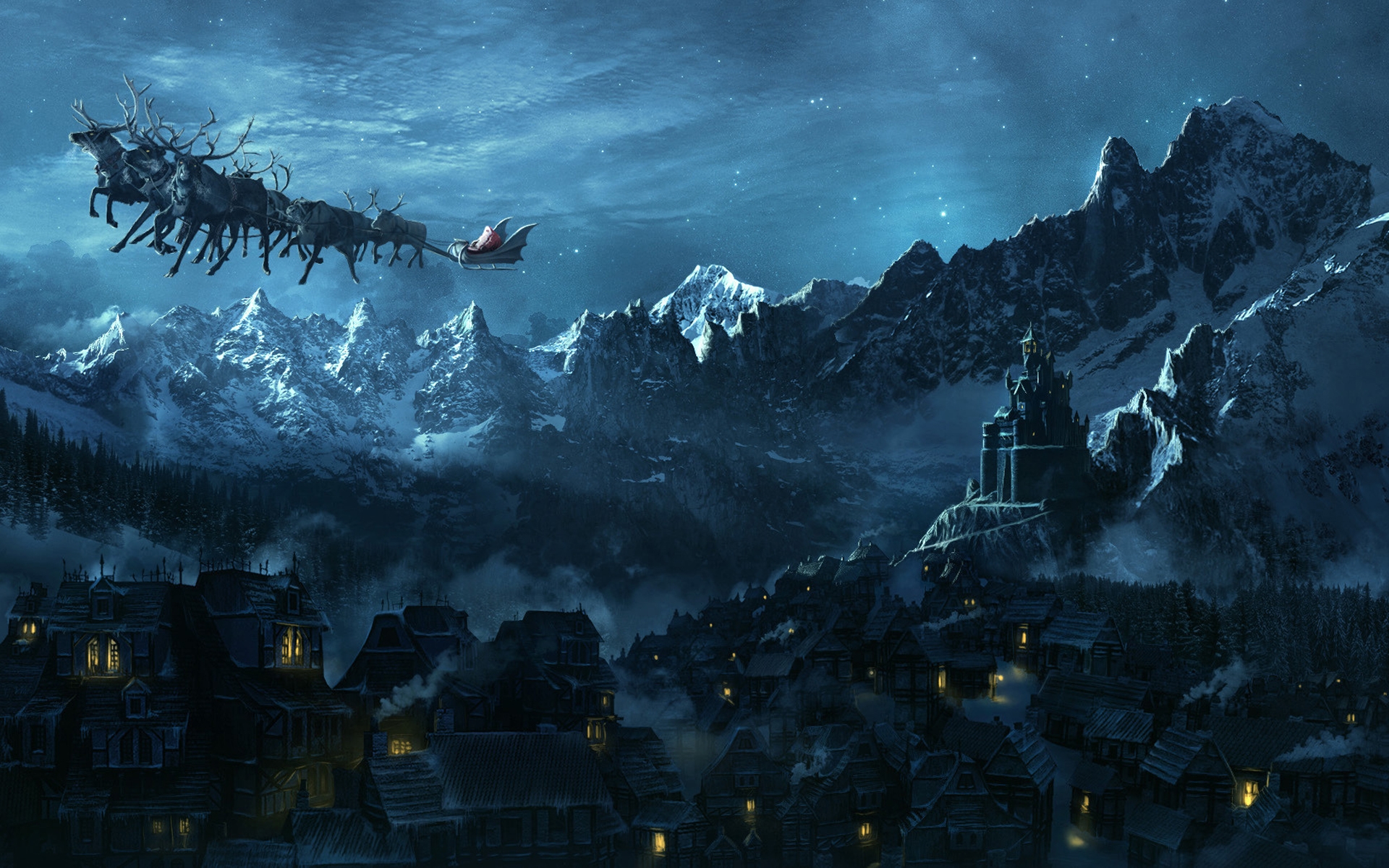 Santa Claus flying his sleigh over a snowy village HD Wallpaper
