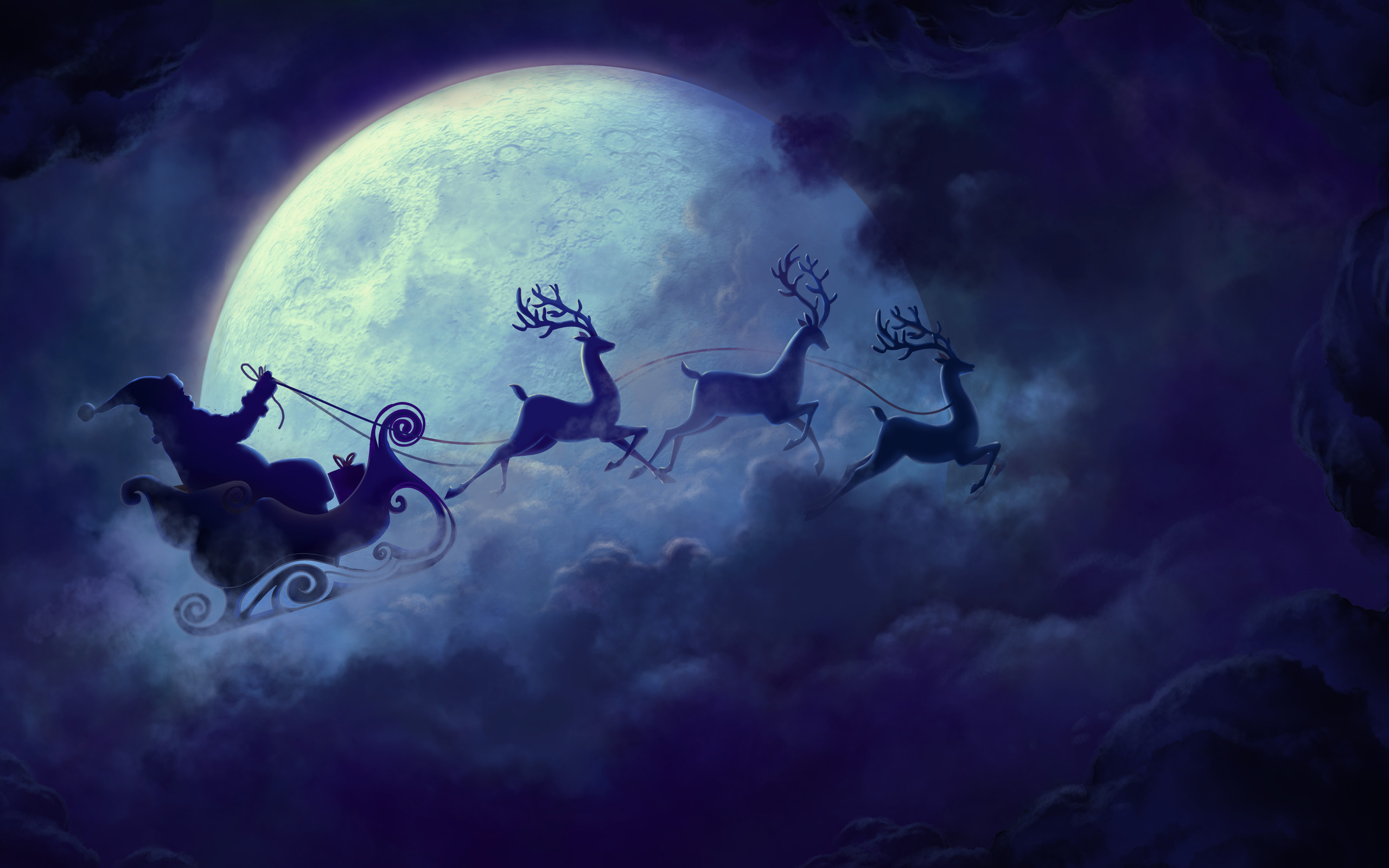 Santa Claus flying in his sleigh with reindeer HD Wallpaper