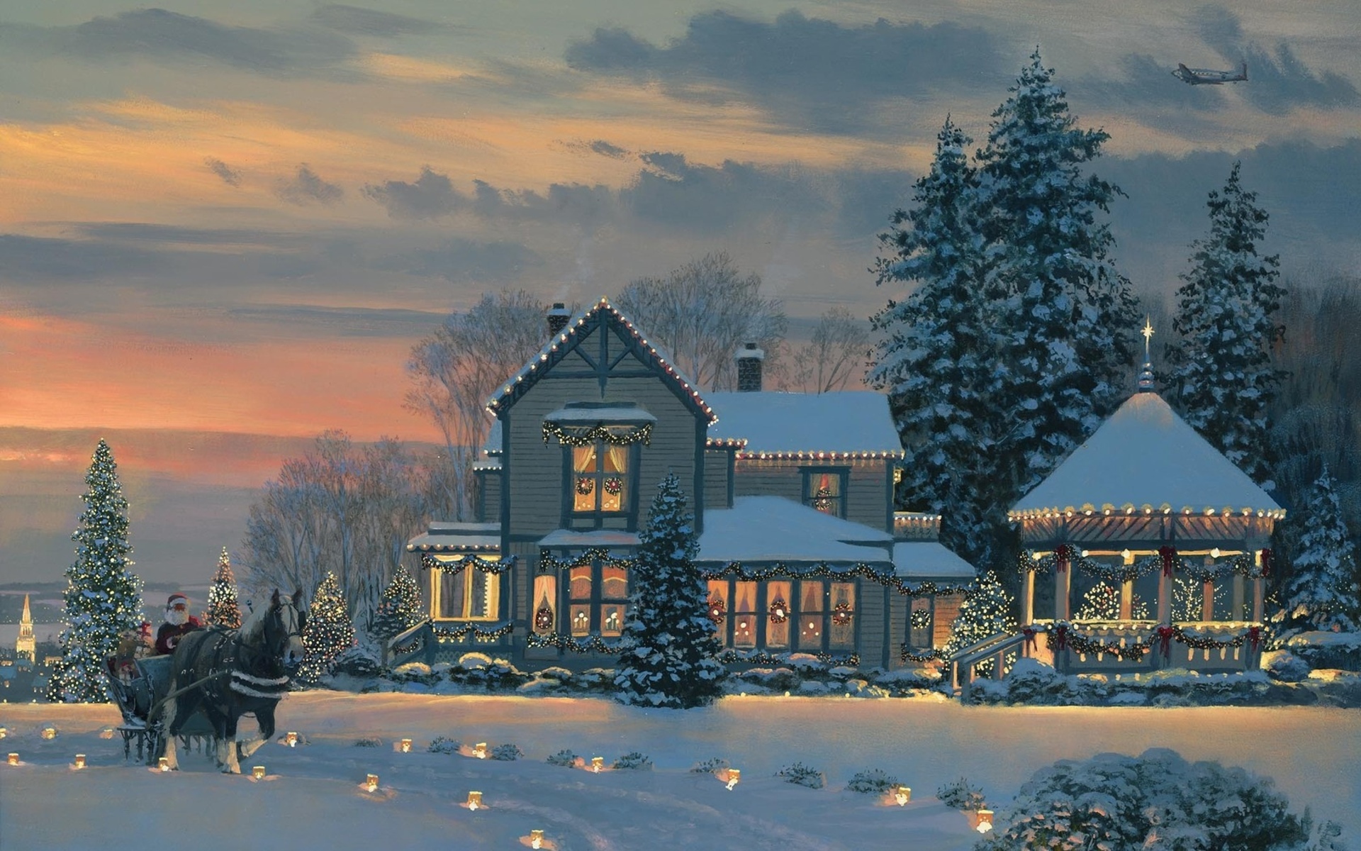 Santa Claus in a Sleigh with a Horse in a Snowy Village HD Wallpaper