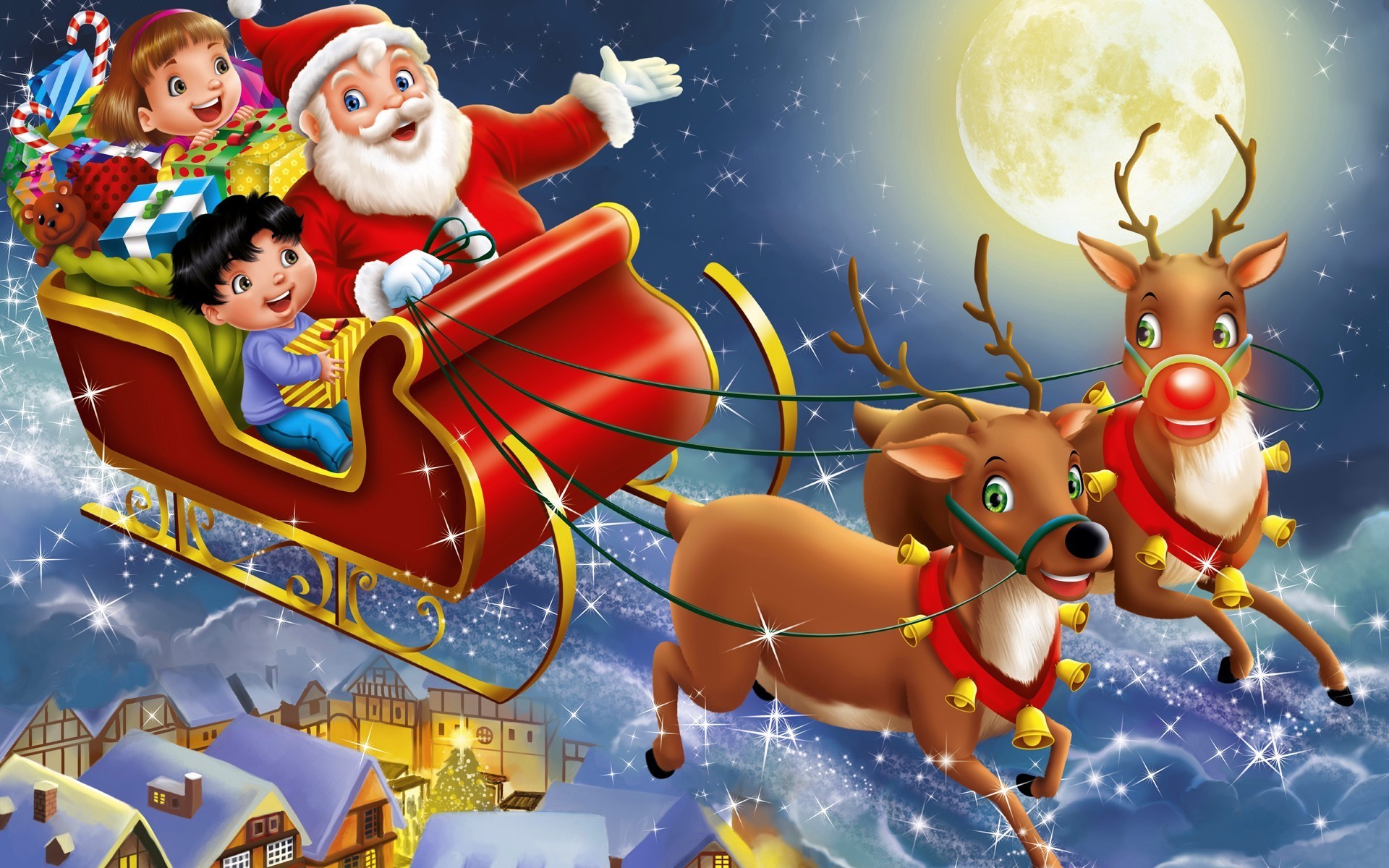 Santa Claus flying in a sleigh with children and reindeer HD Wallpaper