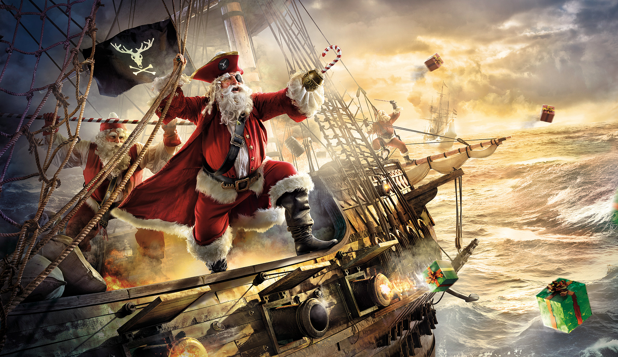Santa Claus as a pirate on a ship HD Wallpaper