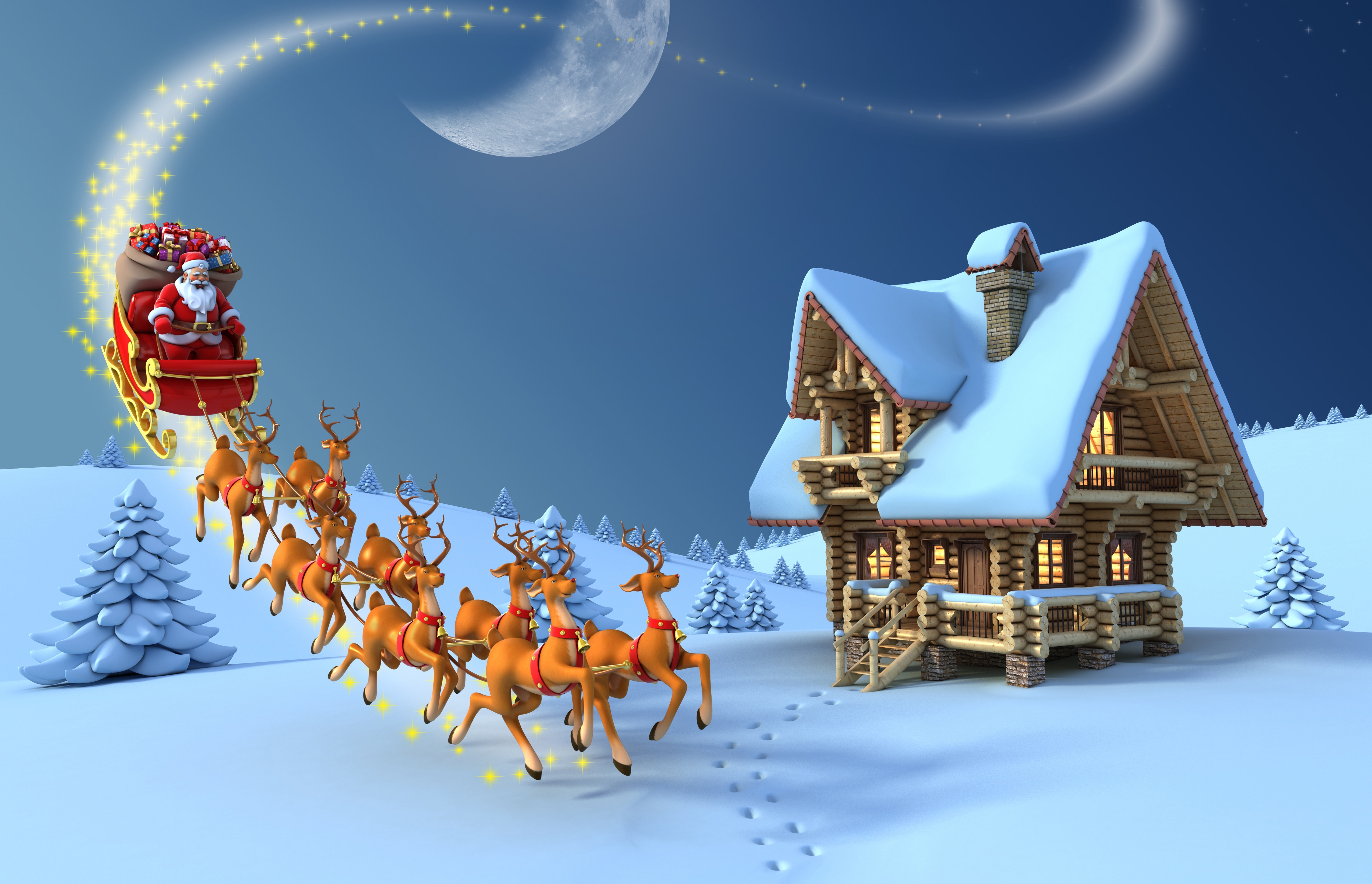 Santa Claus flying in a sleigh with reindeer over a snowy landscape HD Wallpaper