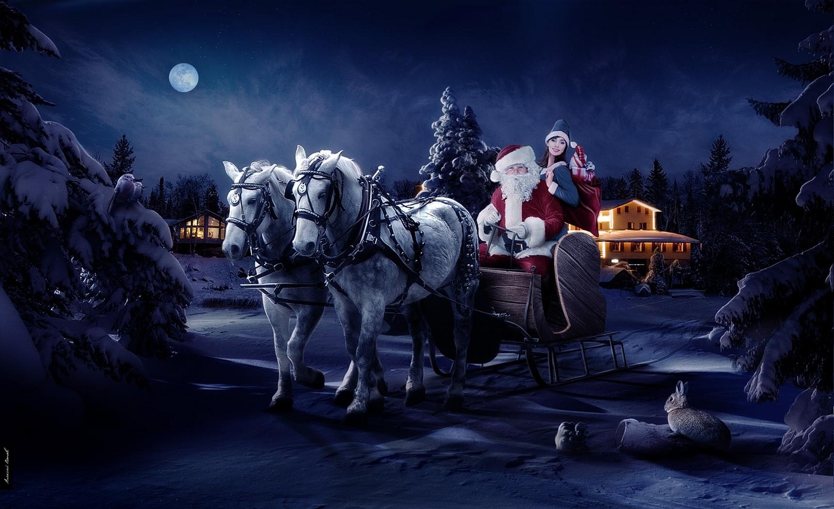 Santa Claus and a girl in a sleigh pulled by horses HD Wallpaper