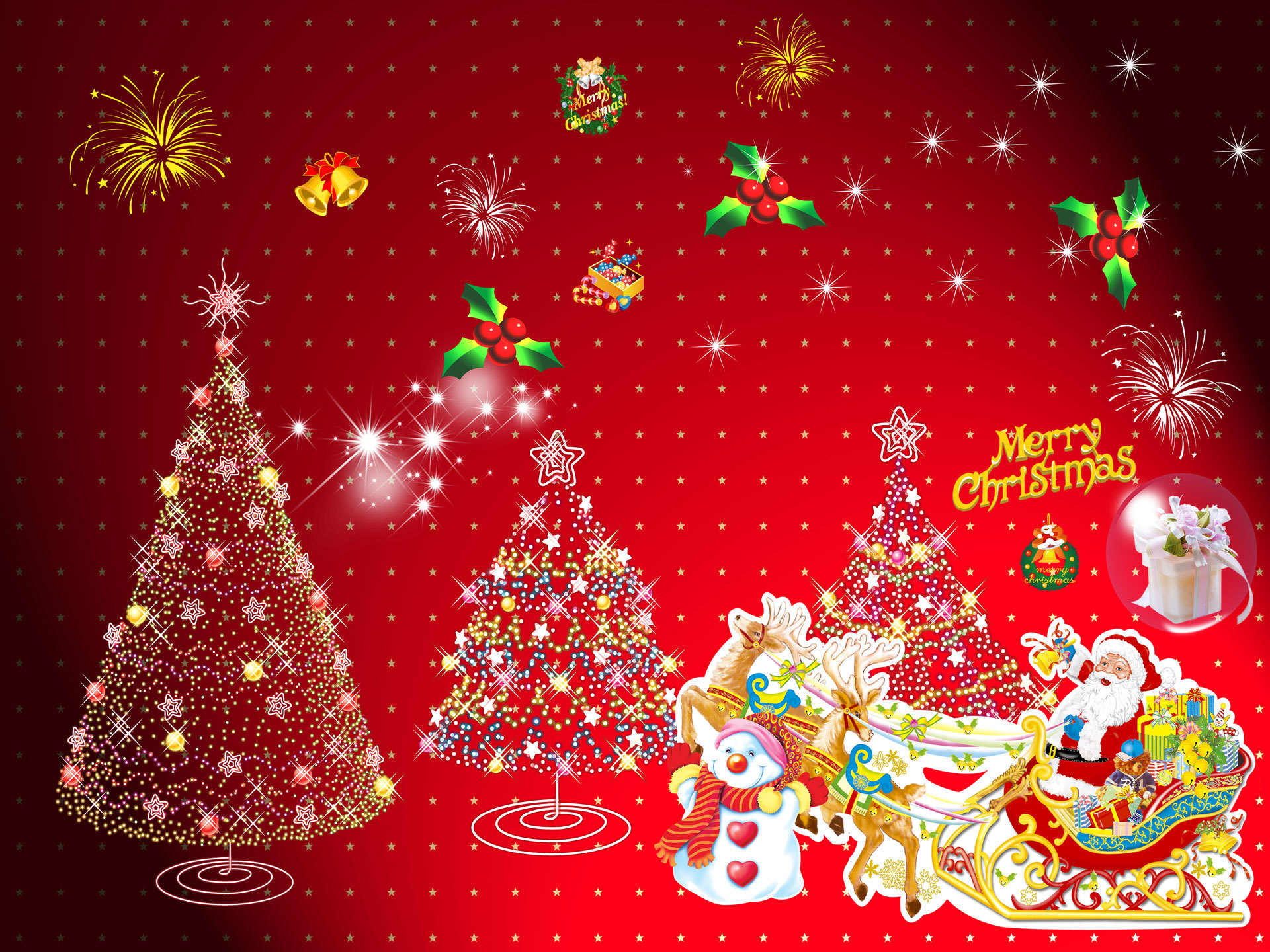 Christmas scene with Santa, reindeer, snowman, and trees HD Wallpaper