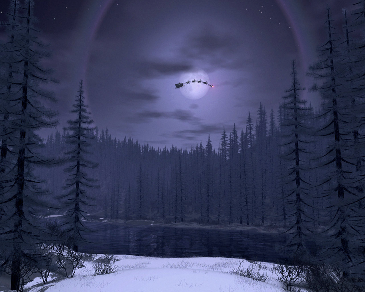 Santa's Sleigh Flying Over a Snowy Forest at Night HD Wallpaper
