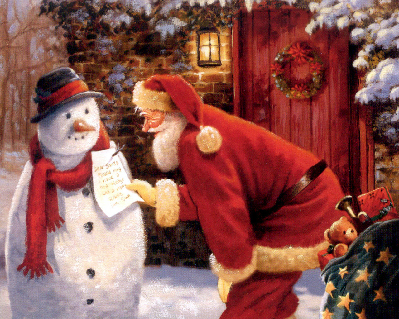 Santa Claus and a snowman with a letter HD Wallpaper