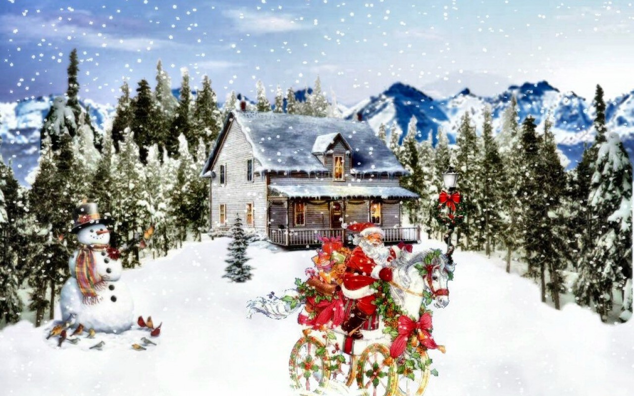 Santa Claus on a horse-drawn sleigh in a snowy landscape HD Wallpaper