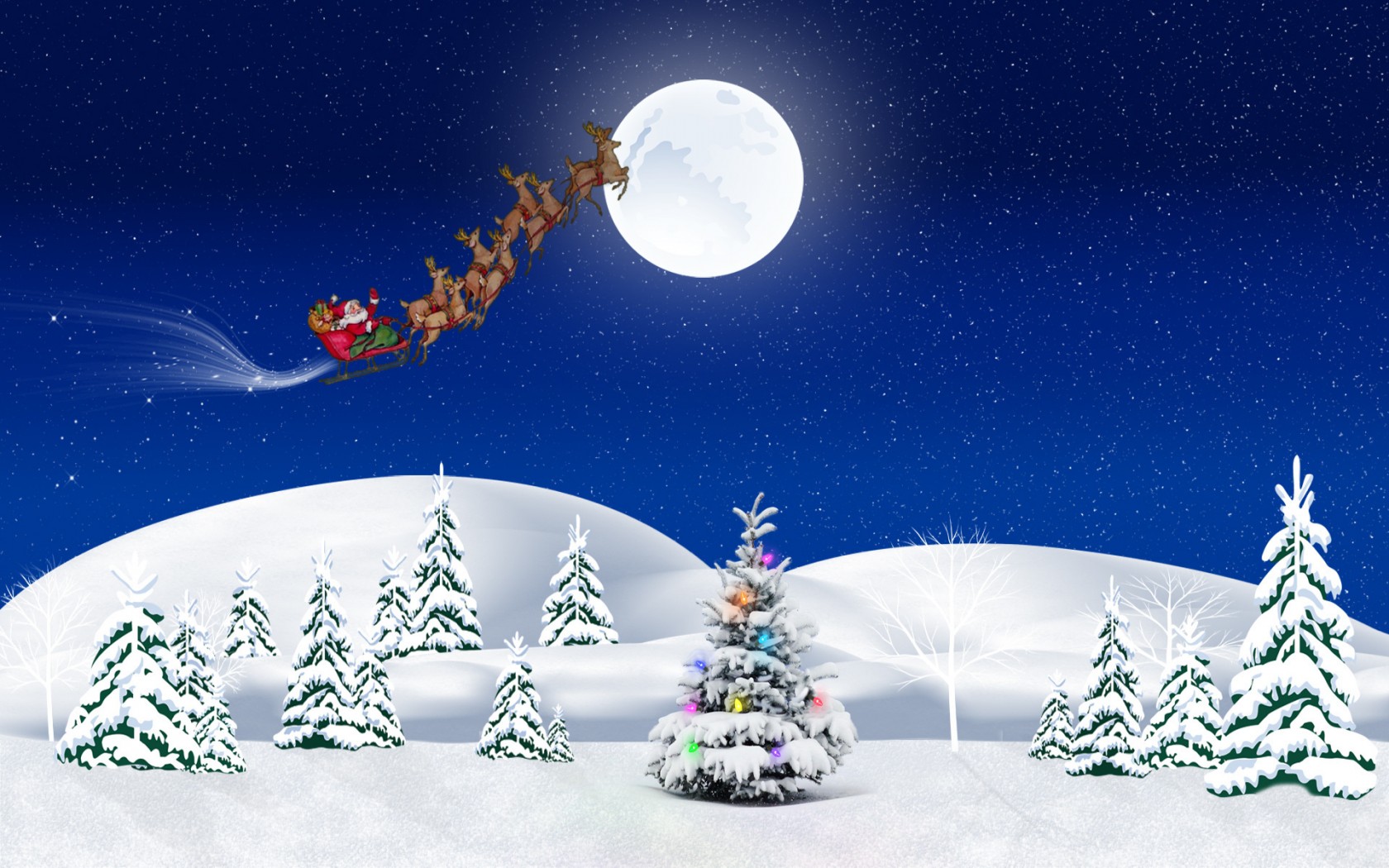 Santa Claus flying in his sleigh with reindeer over a snowy landscape HD Wallpaper