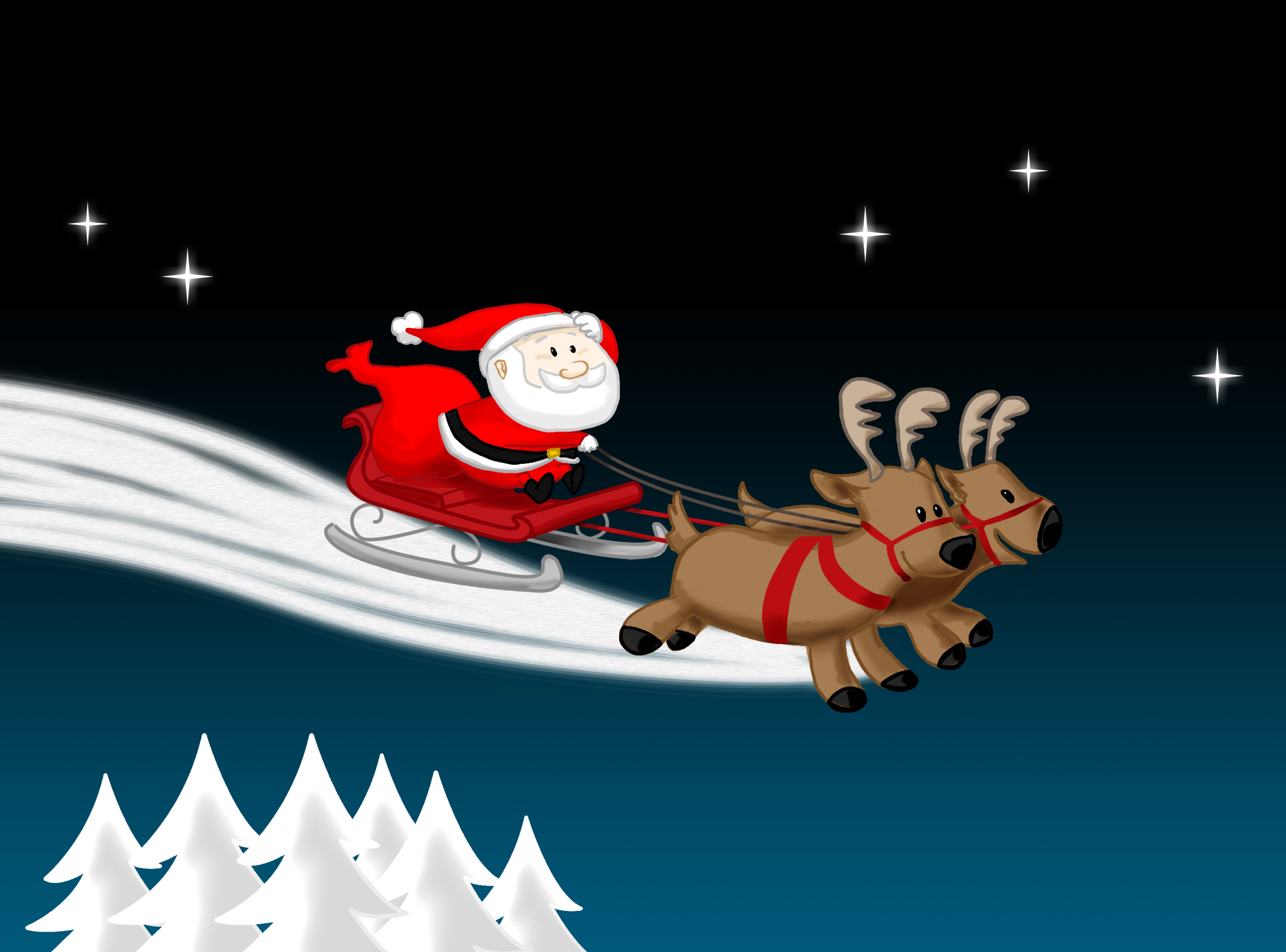 Santa Claus flying in a sleigh with reindeer HD Wallpaper