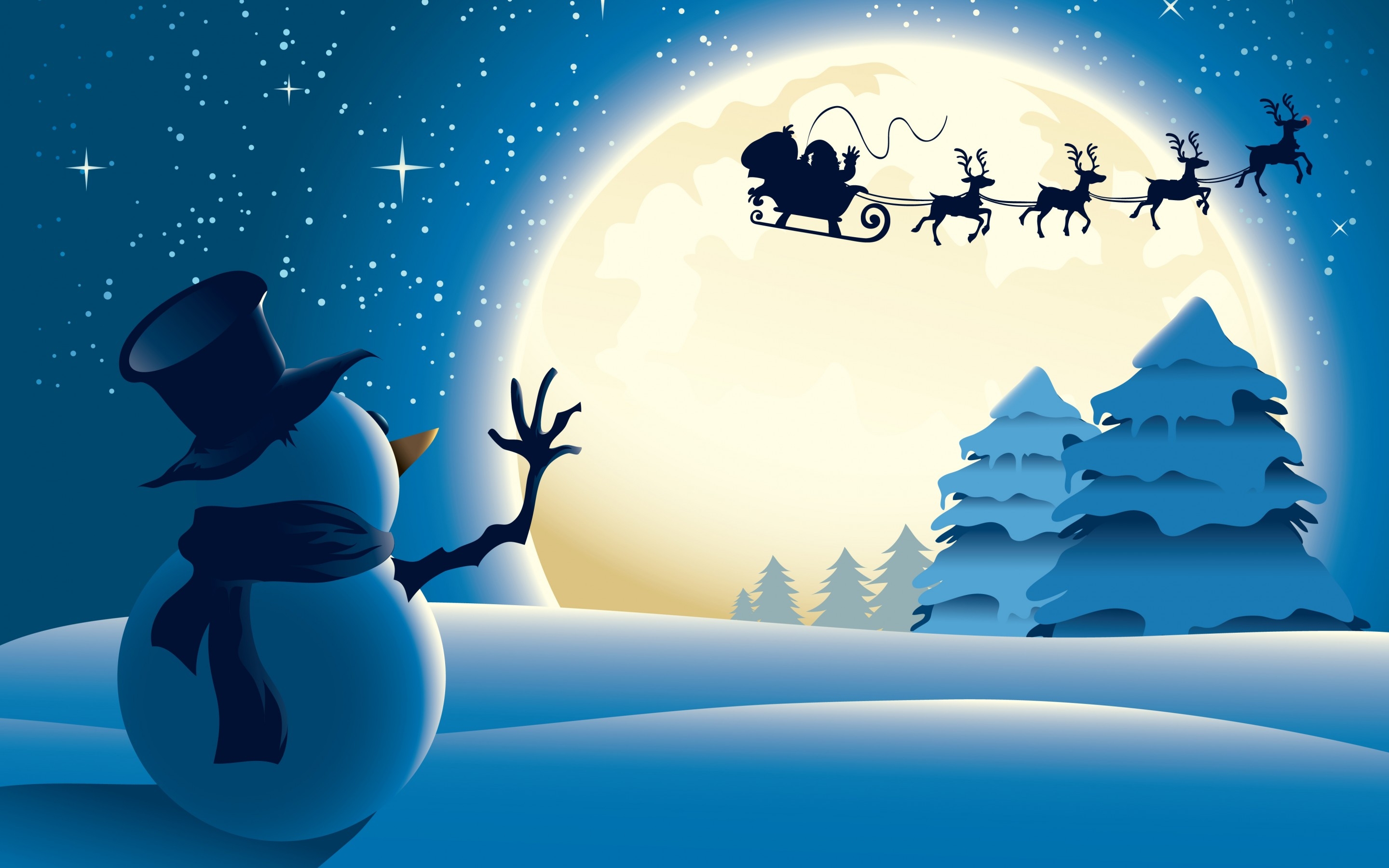 Santa Claus flying in a sleigh with reindeer over a snowy landscape HD Wallpaper