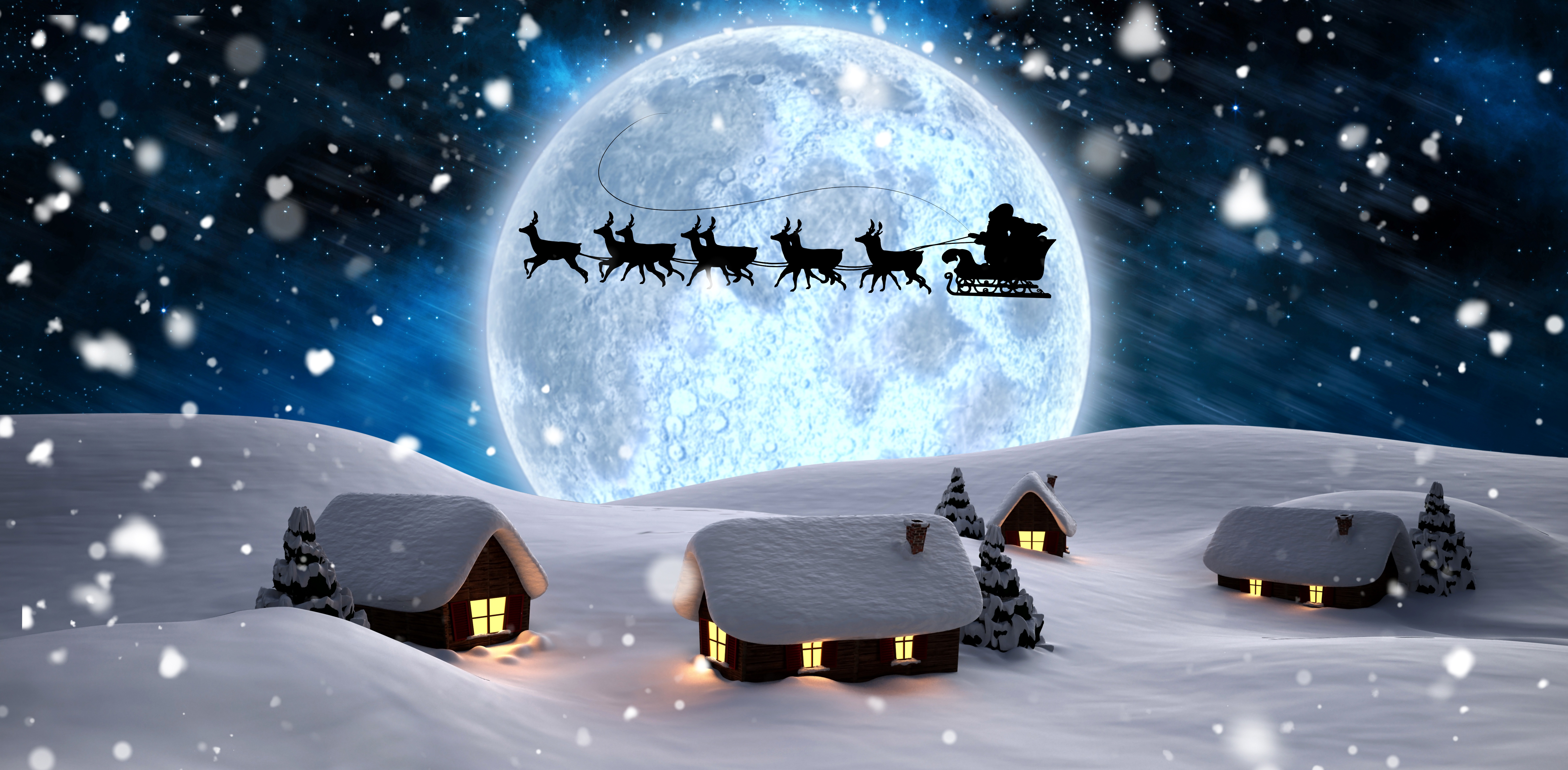 Santa Claus flying in his sleigh over a snowy village HD Wallpaper
