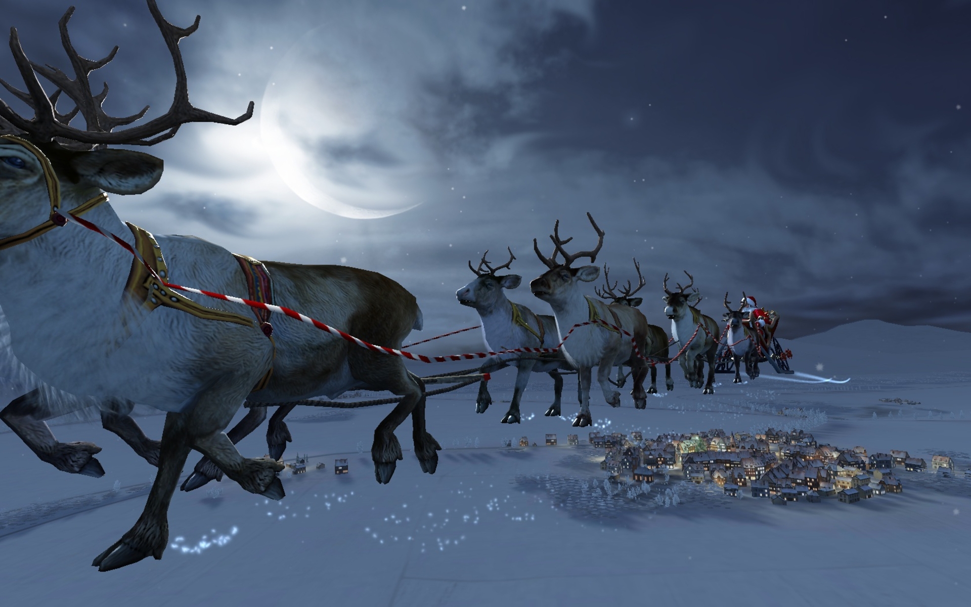 Santa Claus flying in a sleigh pulled by reindeer over a snowy village at night HD Wallpaper