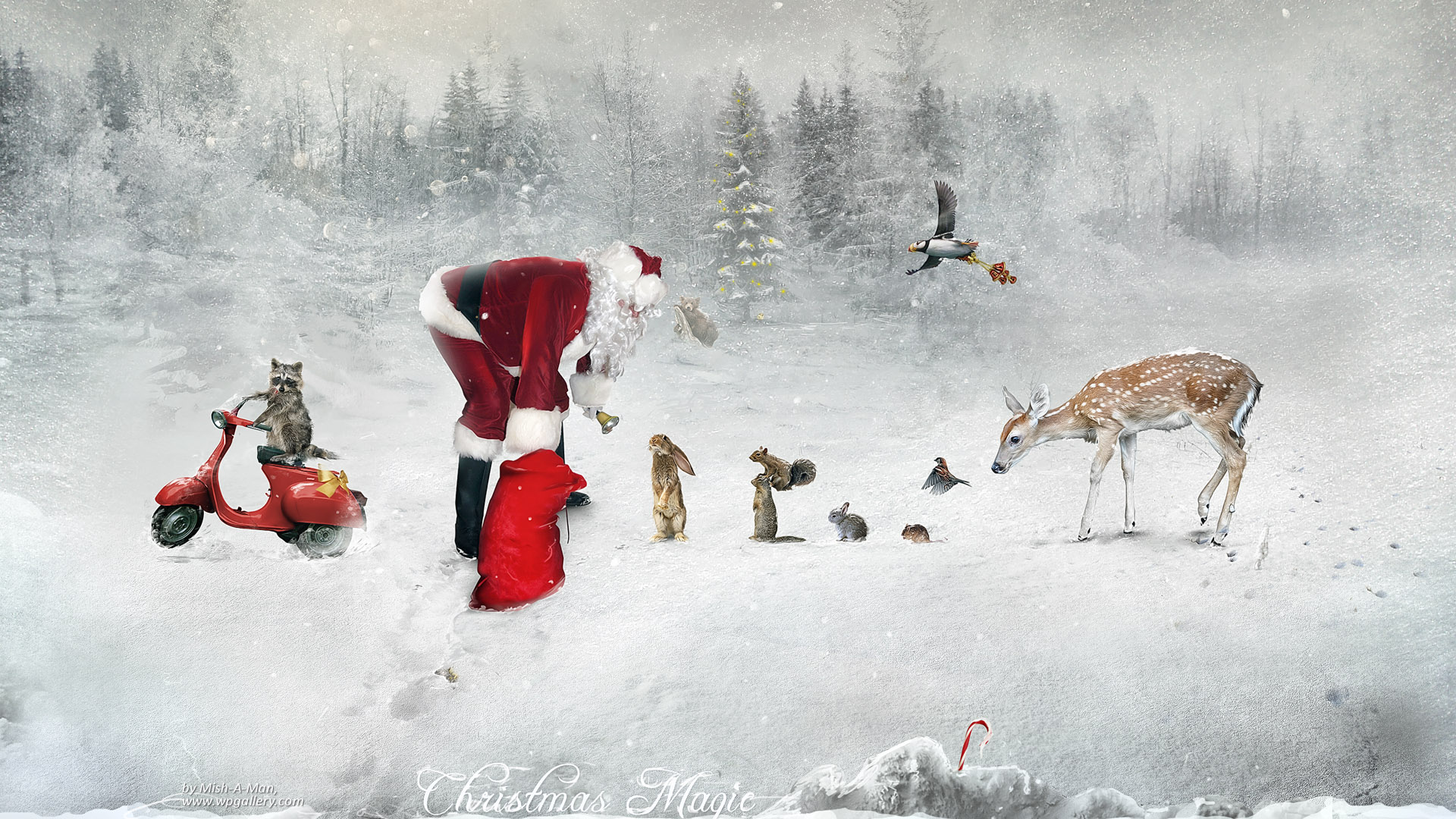 Santa and woodland animals in a snowy forest HD Wallpaper