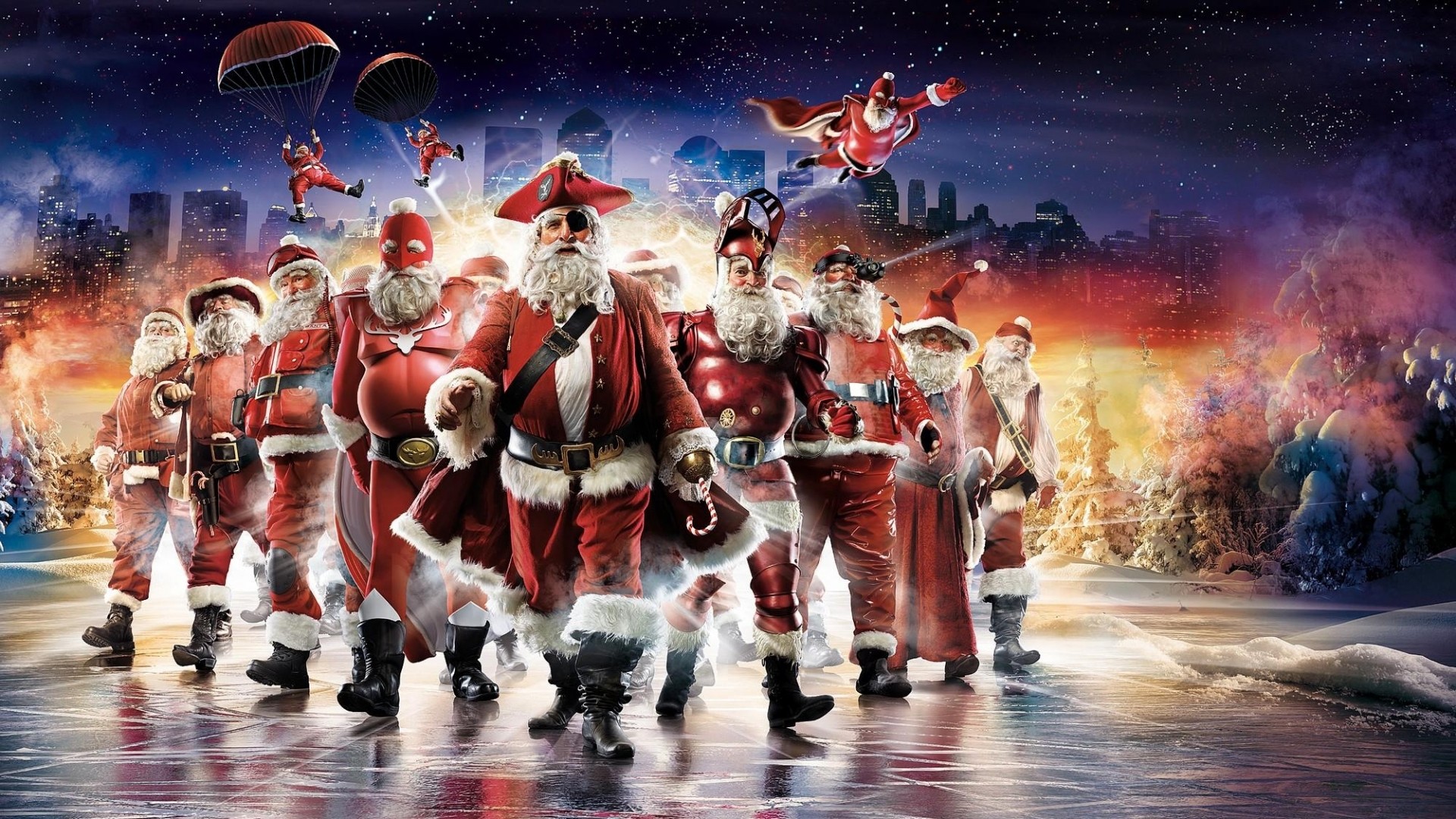 Multiple Santas in a city at night HD Wallpaper