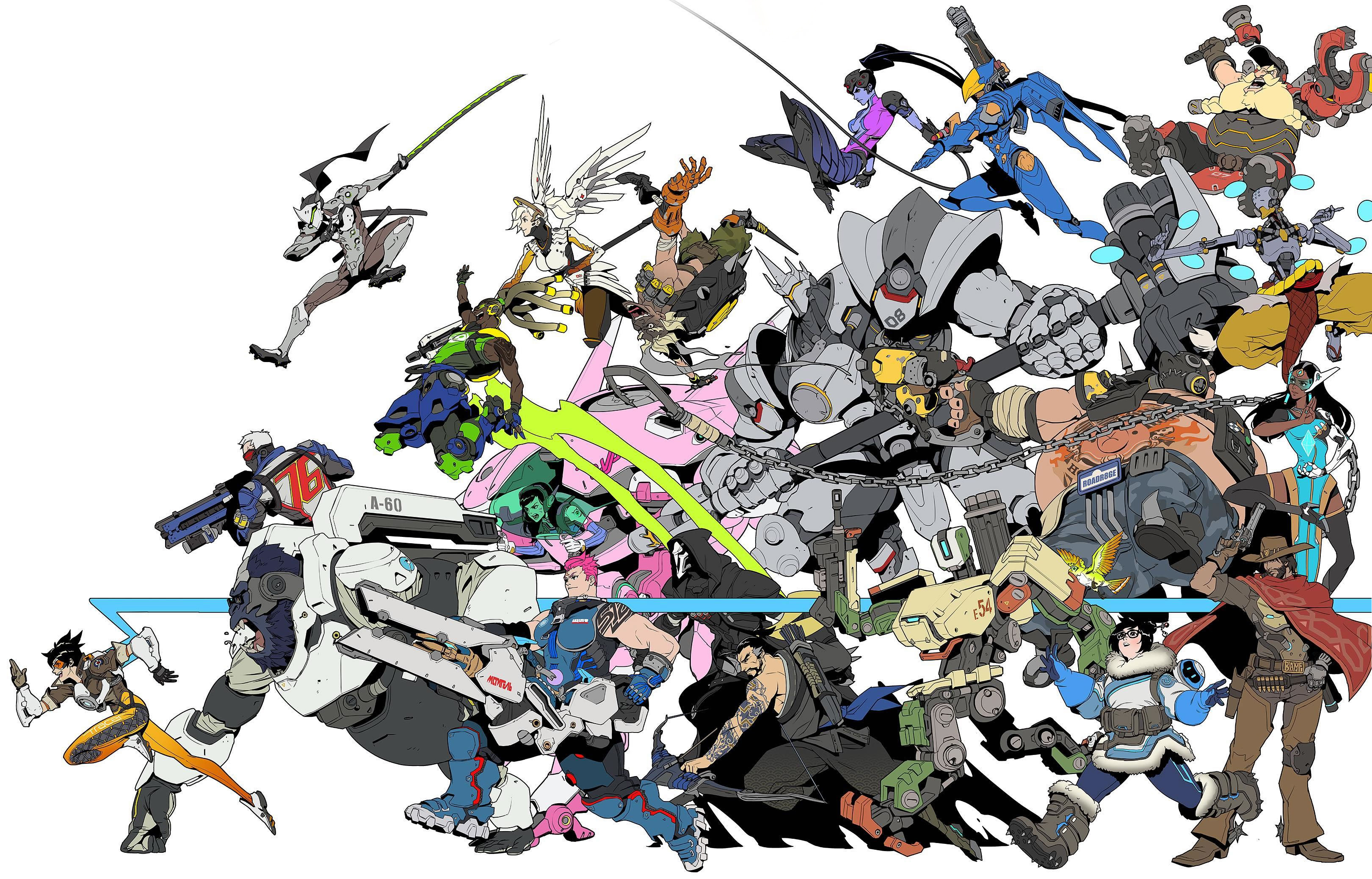 Overwatch characters in a dynamic group illustration HD Wallpaper