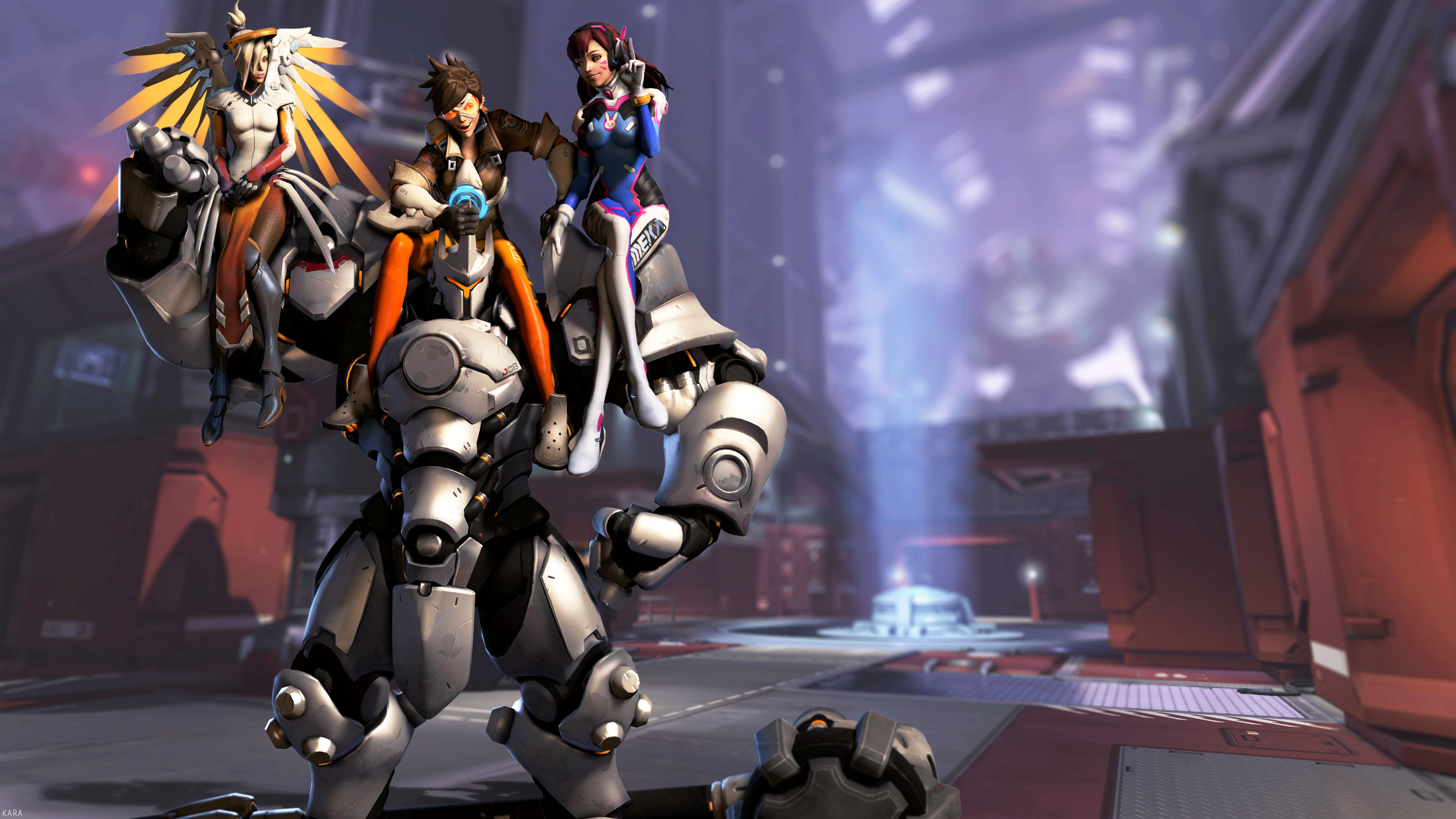 Mercy, Tracer, and D.Va from Overwatch on Reinhardt HD Wallpaper