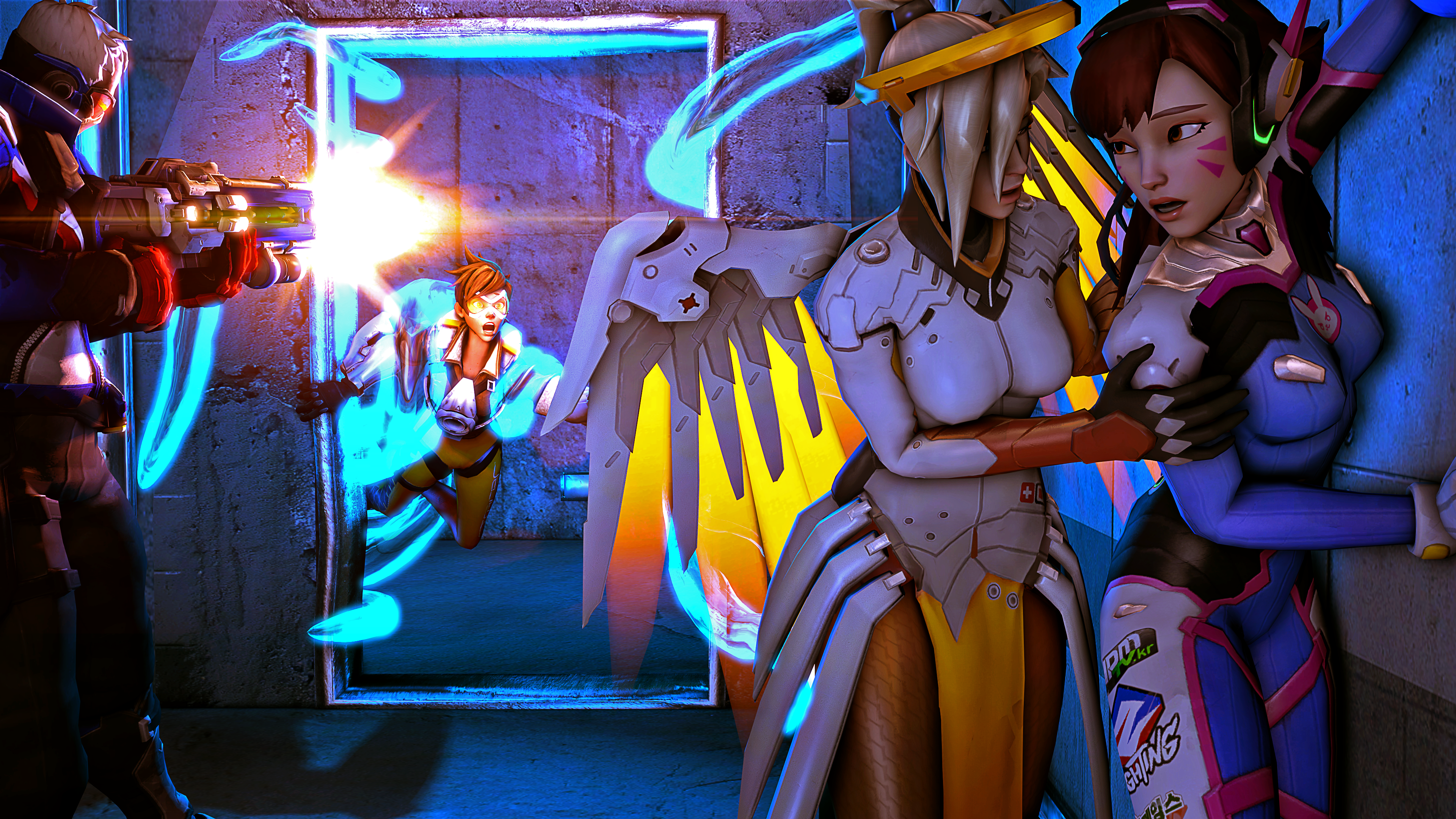 Tracer from Overwatch in a confrontation HD Wallpaper