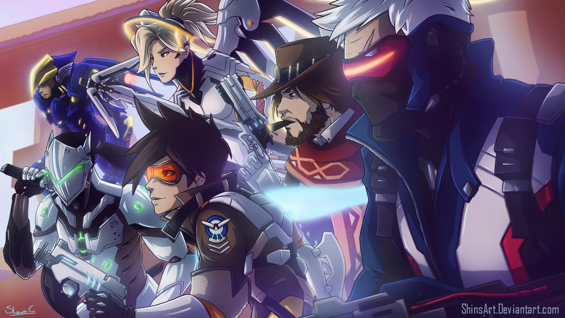 Overwatch characters: Tracer, Genji, Mercy, Cassidy, Soldier: 76, Pharah HD Wallpaper
