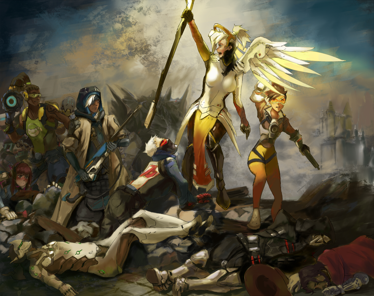 Overwatch characters standing over fallen enemies HD Wallpaper