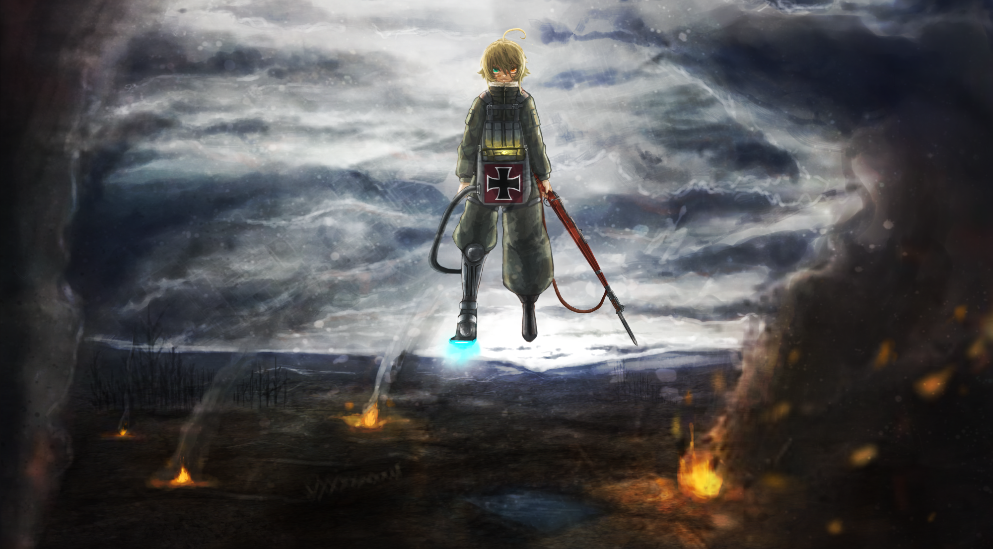 Tanya Degurechaff in a war-torn landscape HD Wallpaper