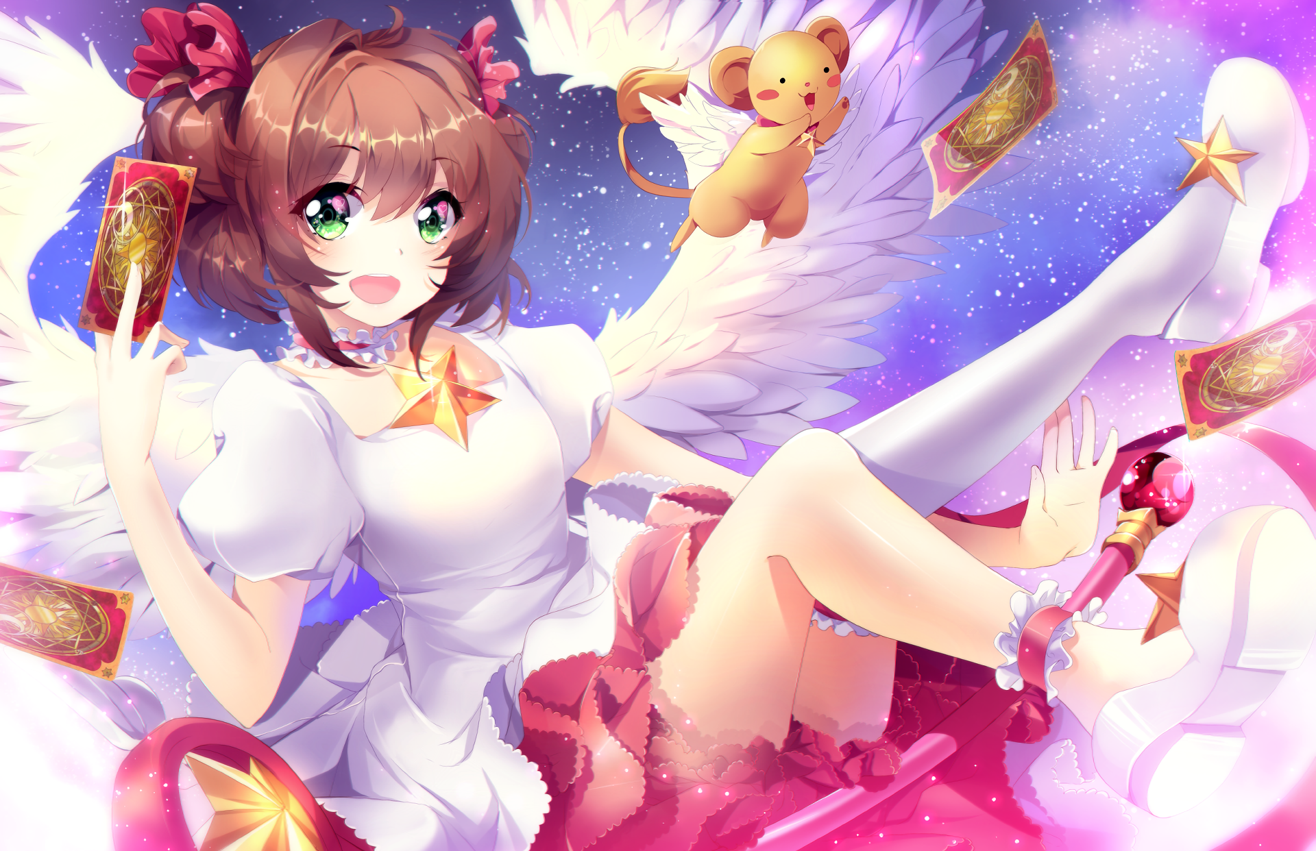 Sakura Kinomoto with Kero and Clow Cards HD Wallpaper