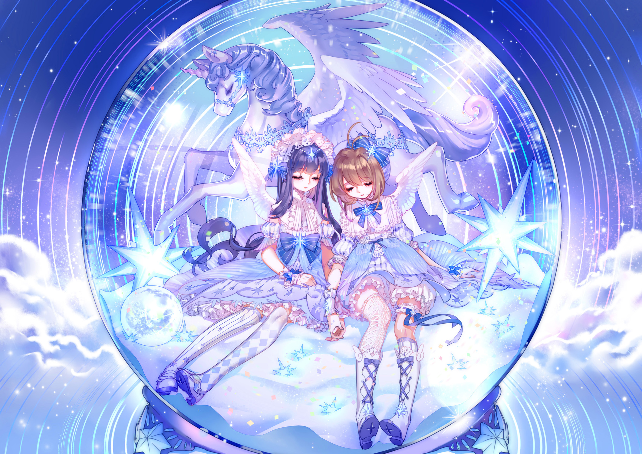 Two girls and a Pegasus in a snow globe HD Wallpaper