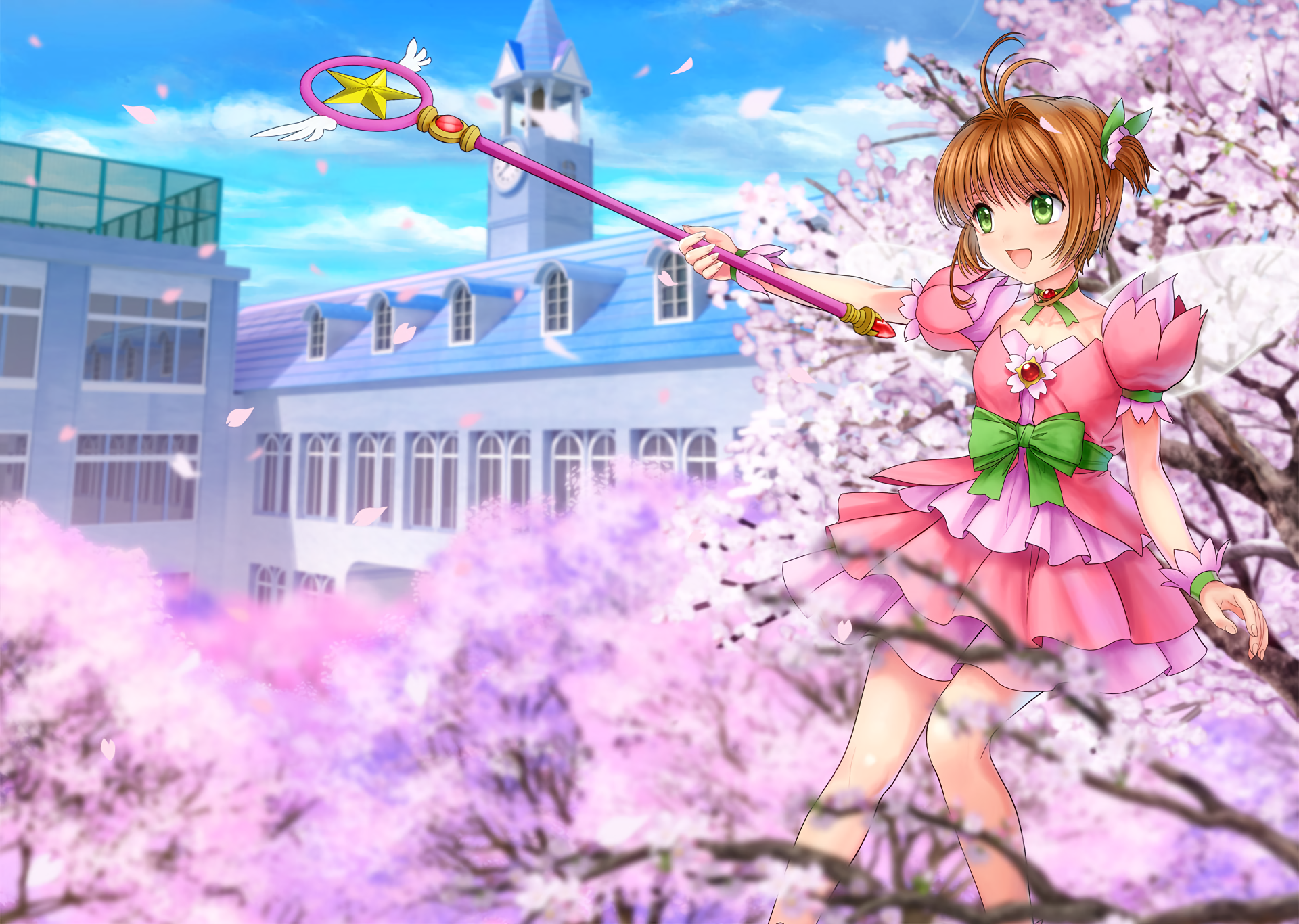 Sakura Kinomoto with a wand in front of a school HD Wallpaper