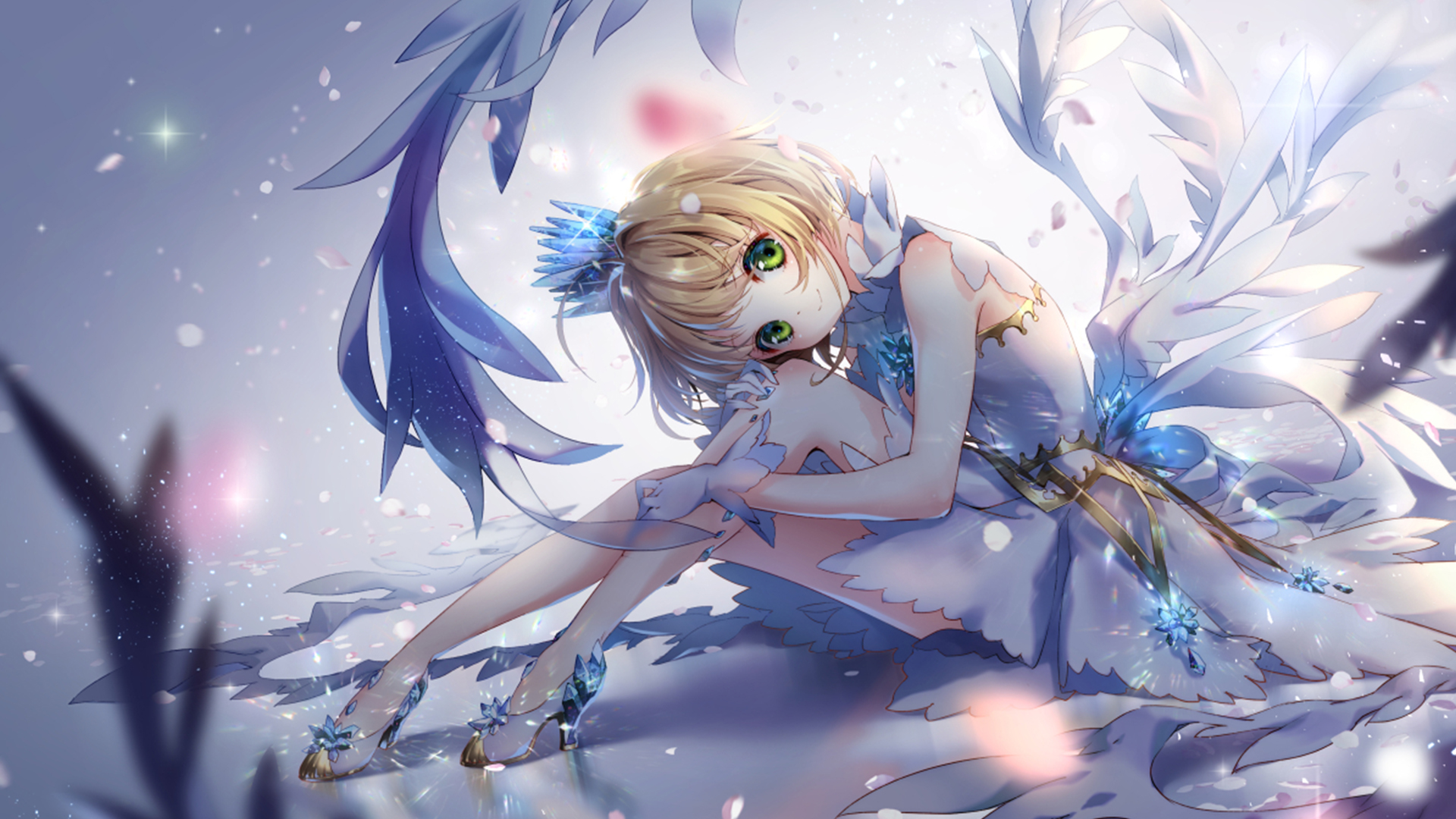 Sakura Kinomoto in a white and blue dress HD Wallpaper