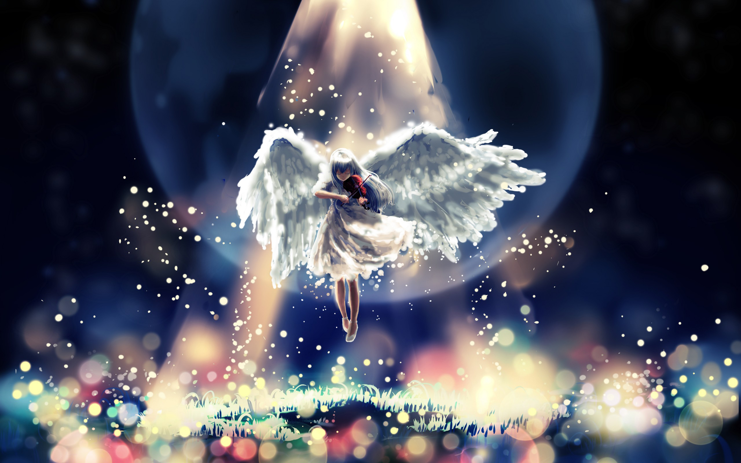 Angel playing violin under spotlight HD Wallpaper