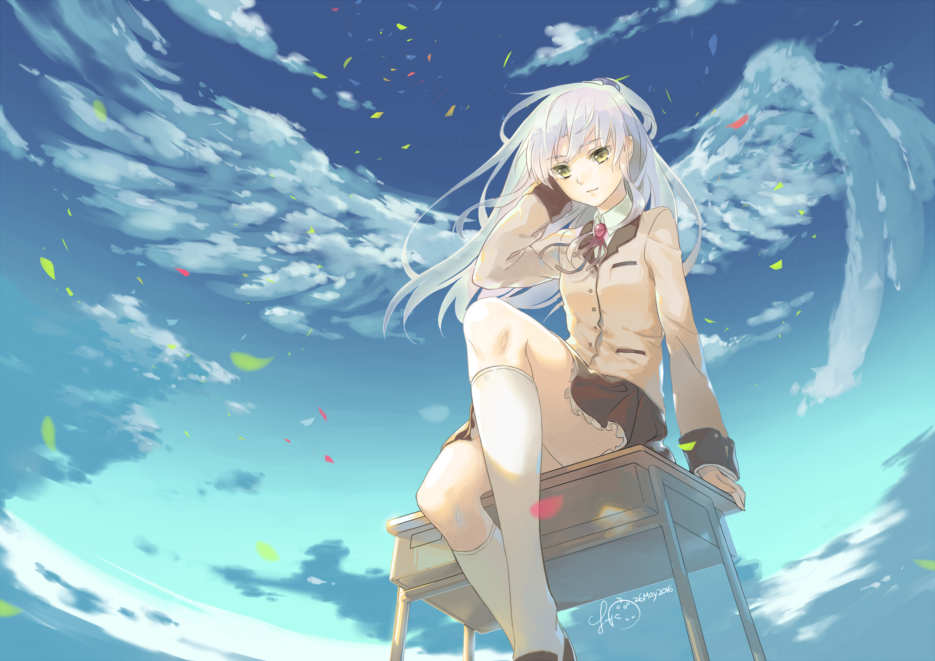 Kanade Tachibana from Angel Beats! sitting on a desk HD Wallpaper