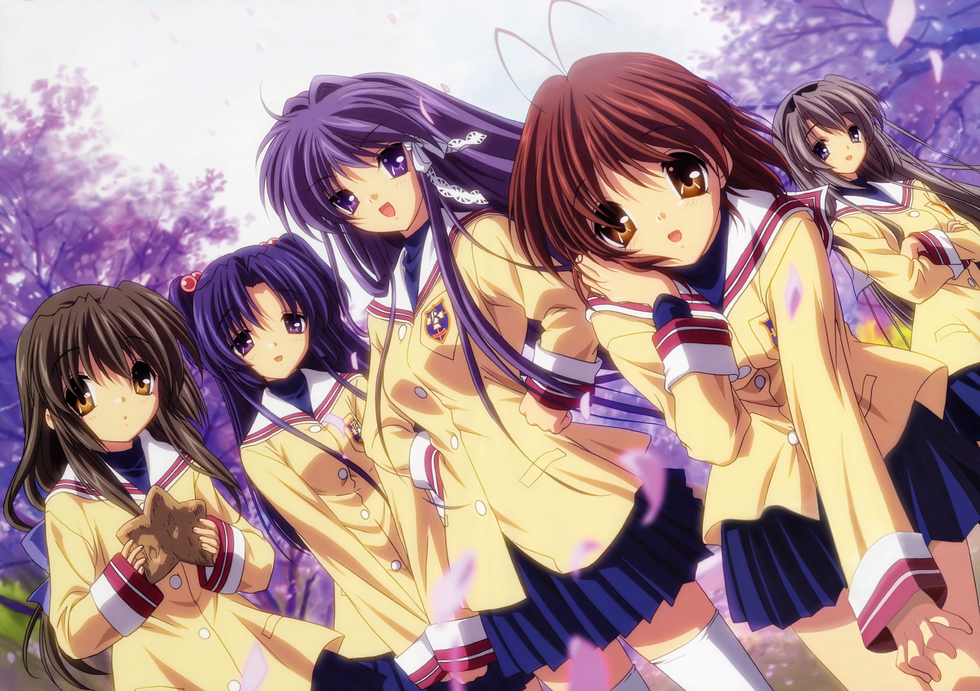 Five anime girls in school uniforms under cherry blossoms HD Wallpaper
