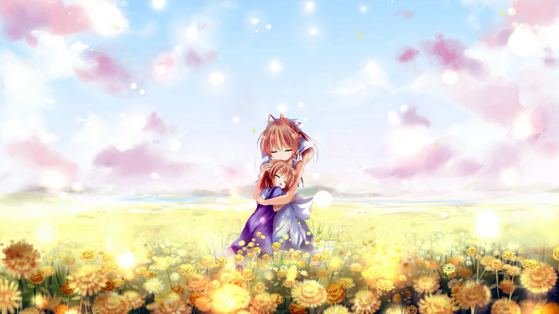 Nagisa Furukawa hugging another girl in a field of flowers HD Wallpaper