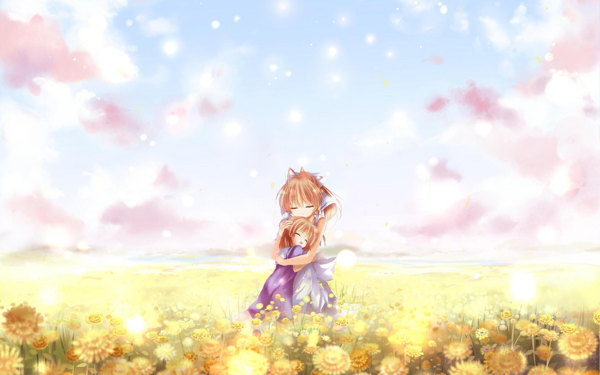 Nagisa Furukawa hugging another girl in a field of flowers HD Wallpaper