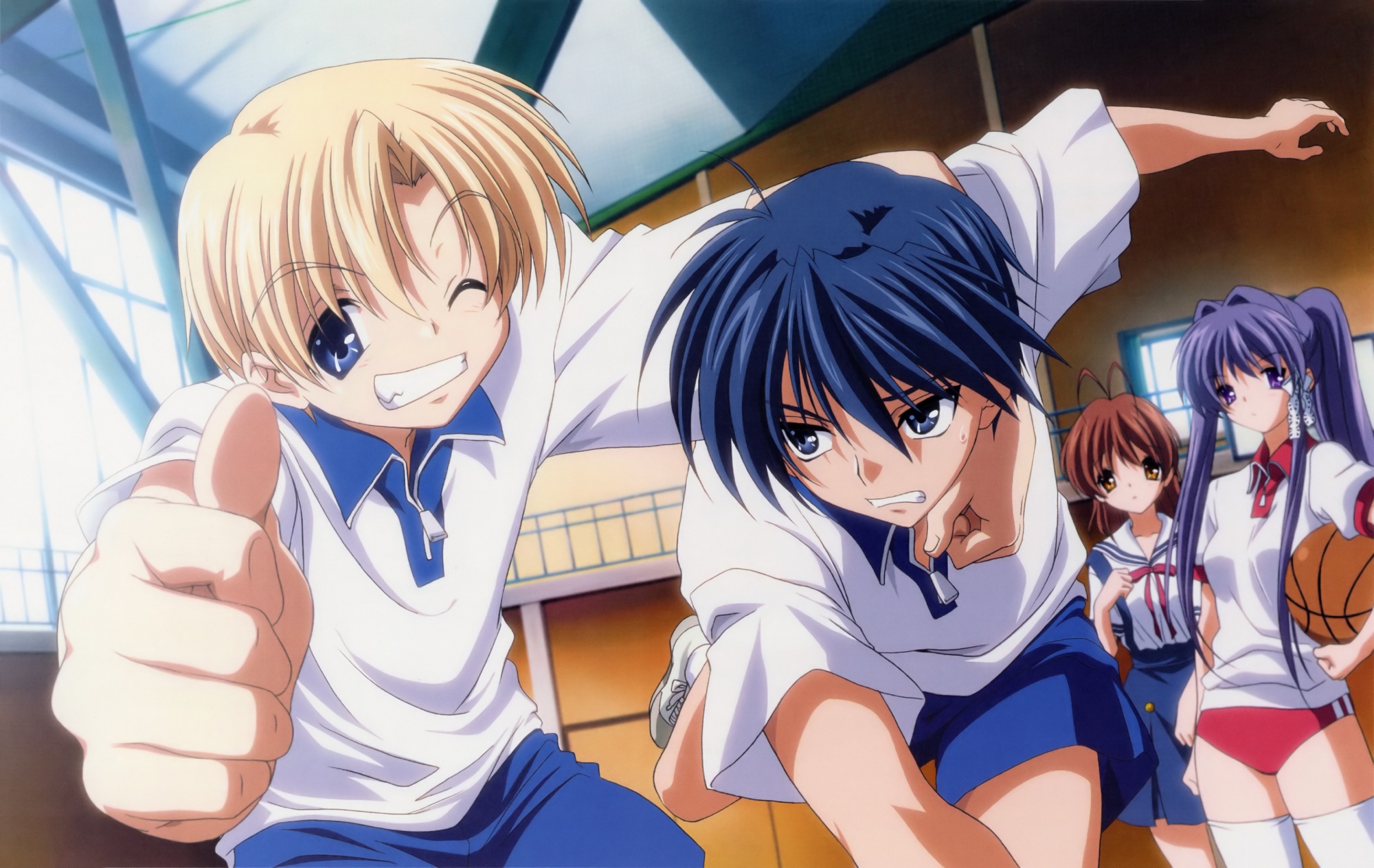 Clannad: Tomoya Okazaki, Sunohara, Furukawa Nagisa, and Sano Kyou HD Wallpaper