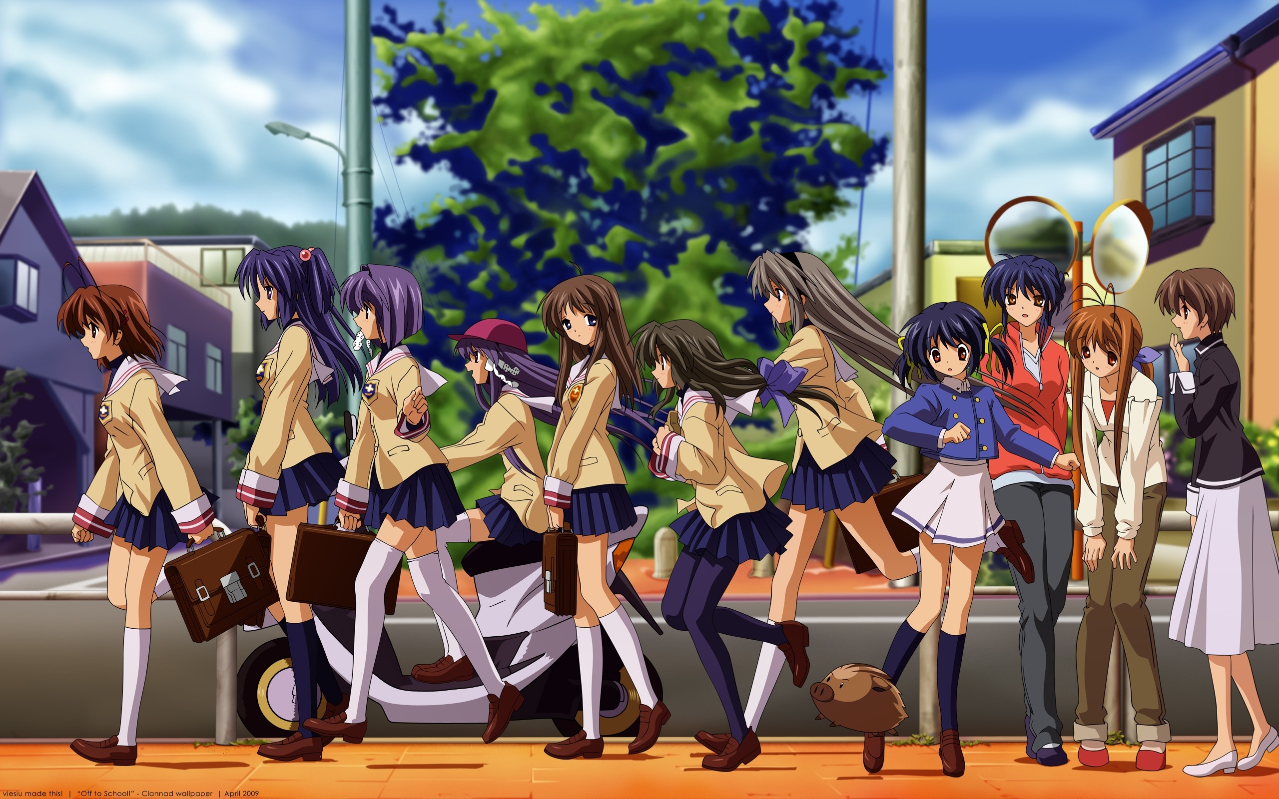 Group of schoolgirls walking on a sidewalk HD Wallpaper