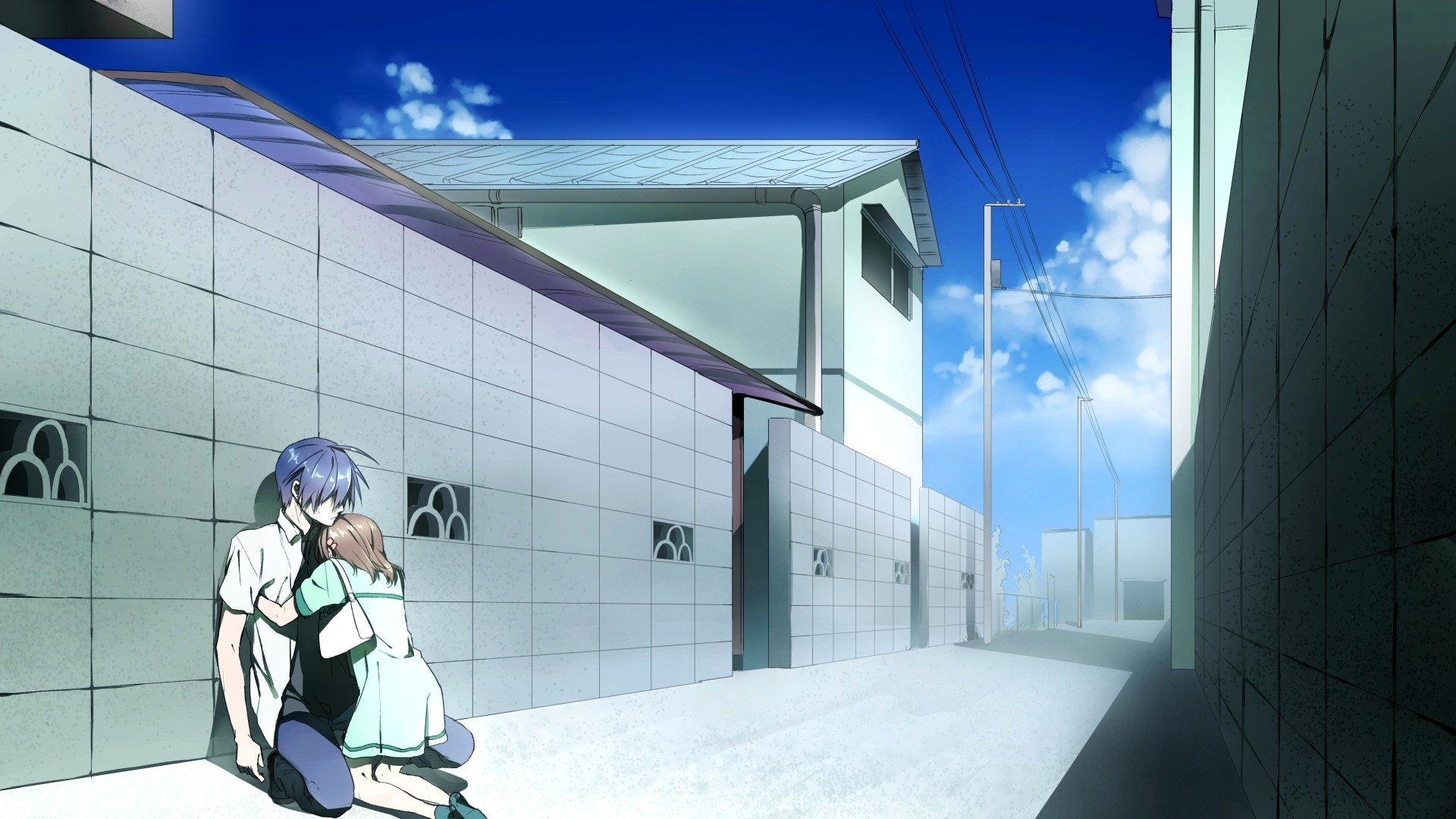 Nagisa Furukawa hugging a boy in an alley HD Wallpaper